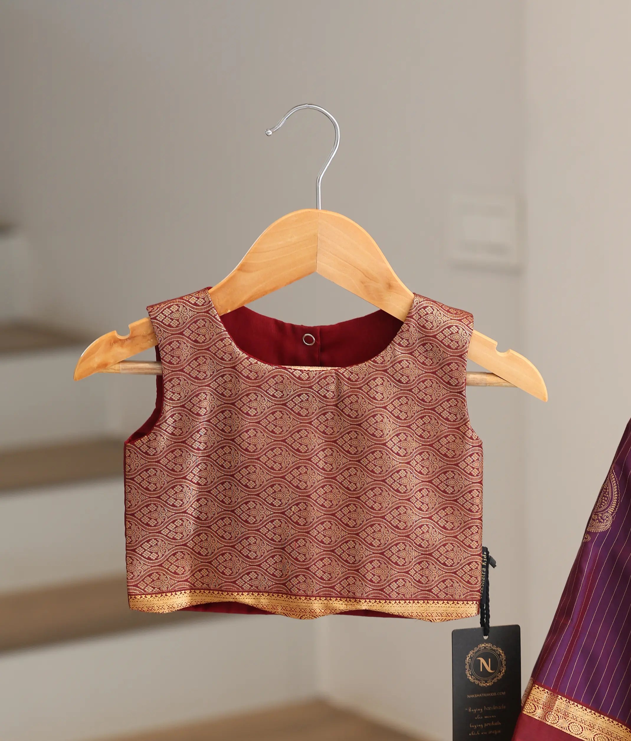 Purple and Maroon Kanchipuram Silk Skirt and Top for Baby Girl [6485]
