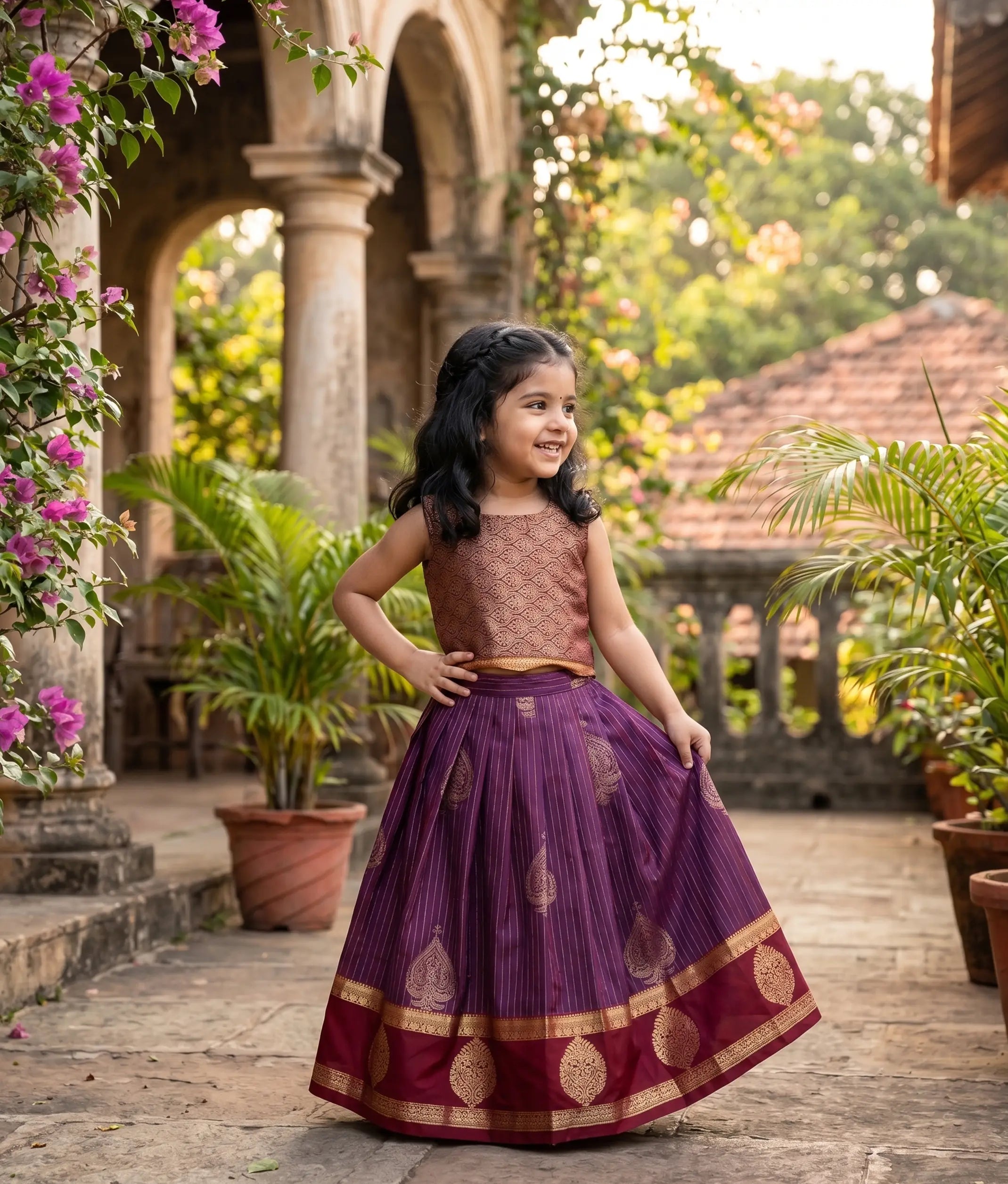Purple and Maroon Kanchipuram Silk Skirt and Top for Baby Girl [6485]