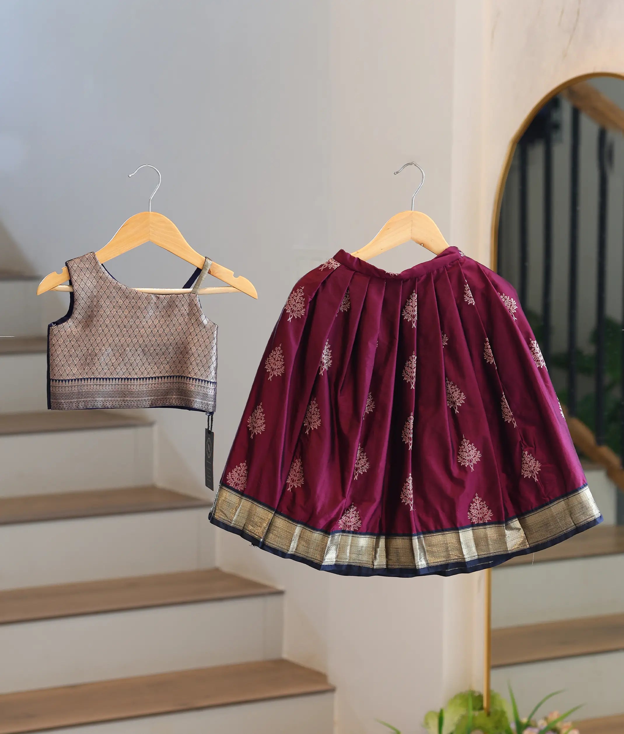 Navy Blue and Wine Red Kanchipuram Silk Skirt and Top for Baby Girl [6486]