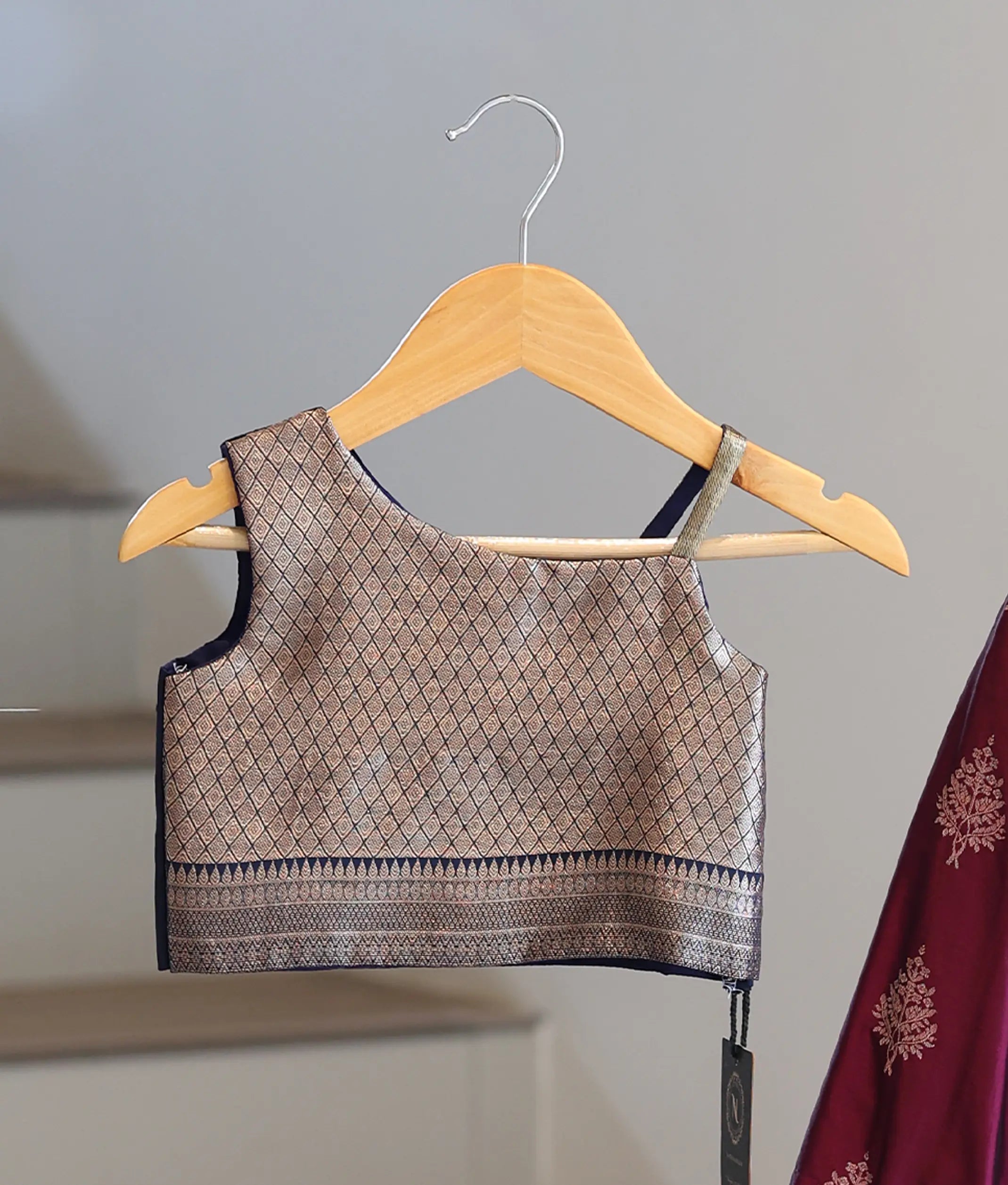 Navy Blue and Wine Red Kanchipuram Silk Skirt and Top for Baby Girl [6486]