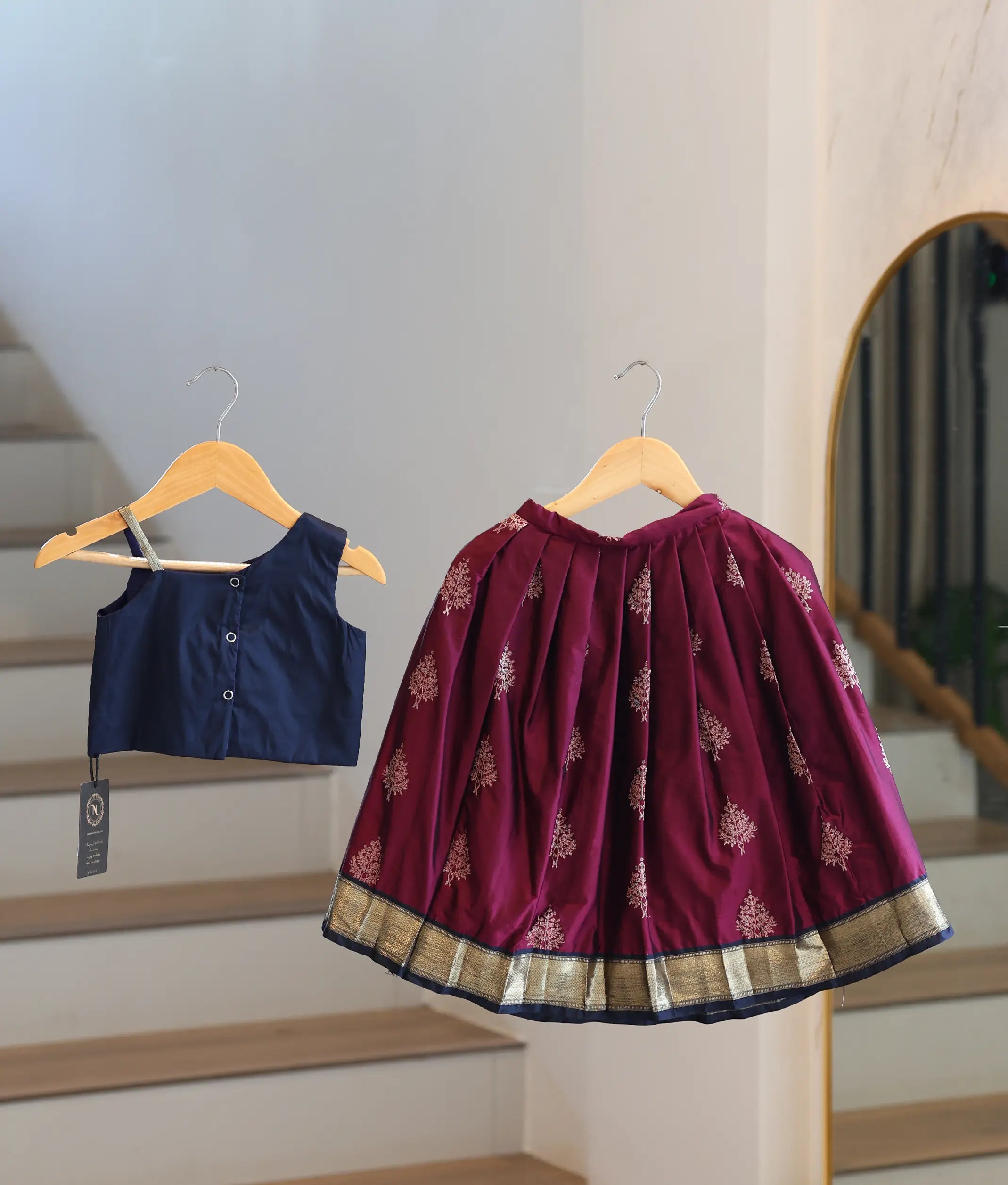 Navy Blue and Wine Red Kanchipuram Silk Skirt and Top for Baby Girl [6486]