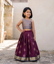Navy Blue and Wine Red Kanchipuram Silk Skirt and Top for Baby Girl [6486]