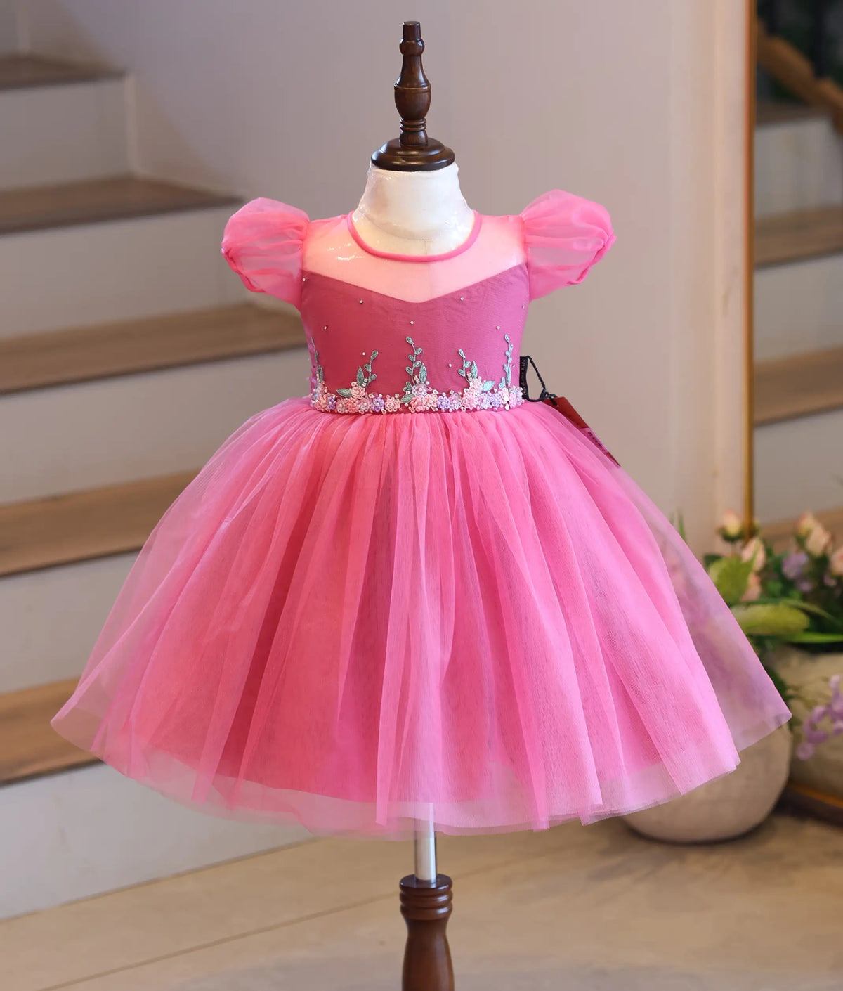 Dark Pink Tulle Net Handworked Birthday Frock for Baby Girl [6487]