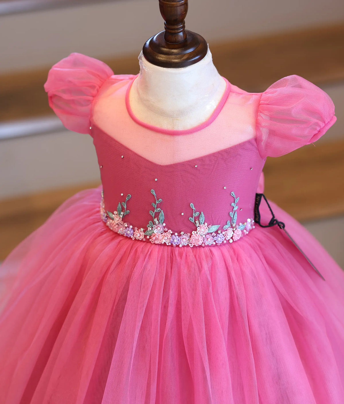 Dark Pink Tulle Net Handworked Birthday Frock for Baby Girl [6487]
