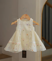 Off White Mul Chanderi Embroidered Frock for Baby Girl [6488]