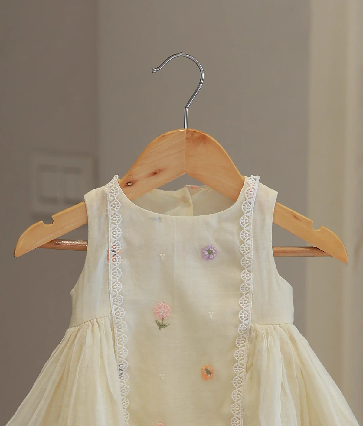 Off White Mul Chanderi Embroidered Frock for Baby Girl [6488]