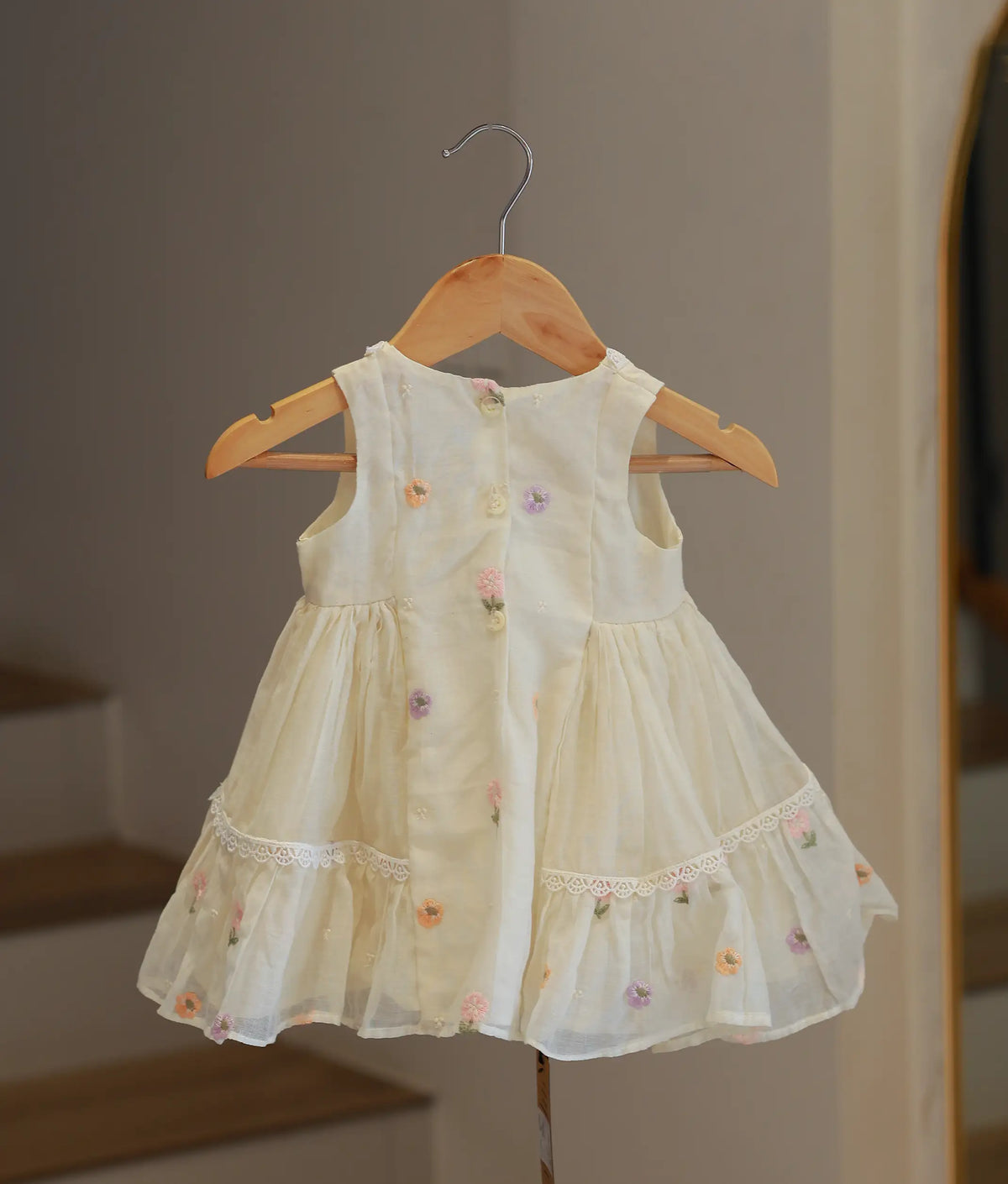 Off White Mul Chanderi Embroidered Frock for Baby Girl [6488]