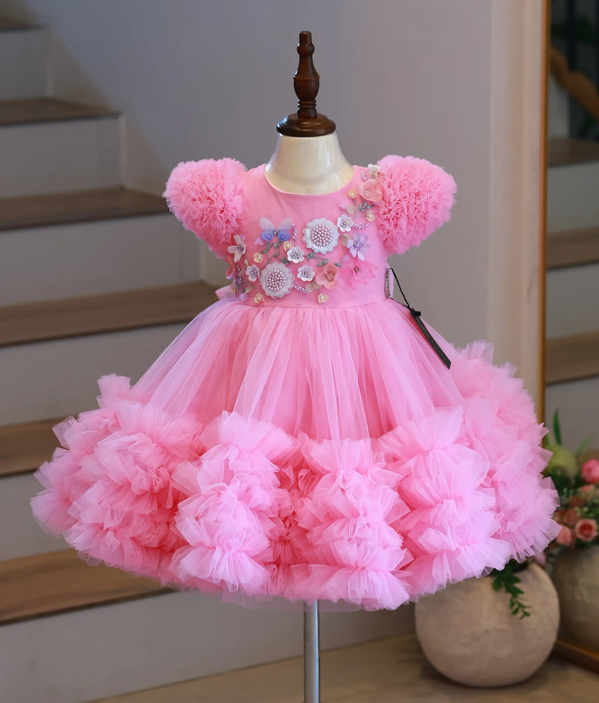 Pink Tulle Net Handworked Birthday Frock for Baby Girl [6489]
