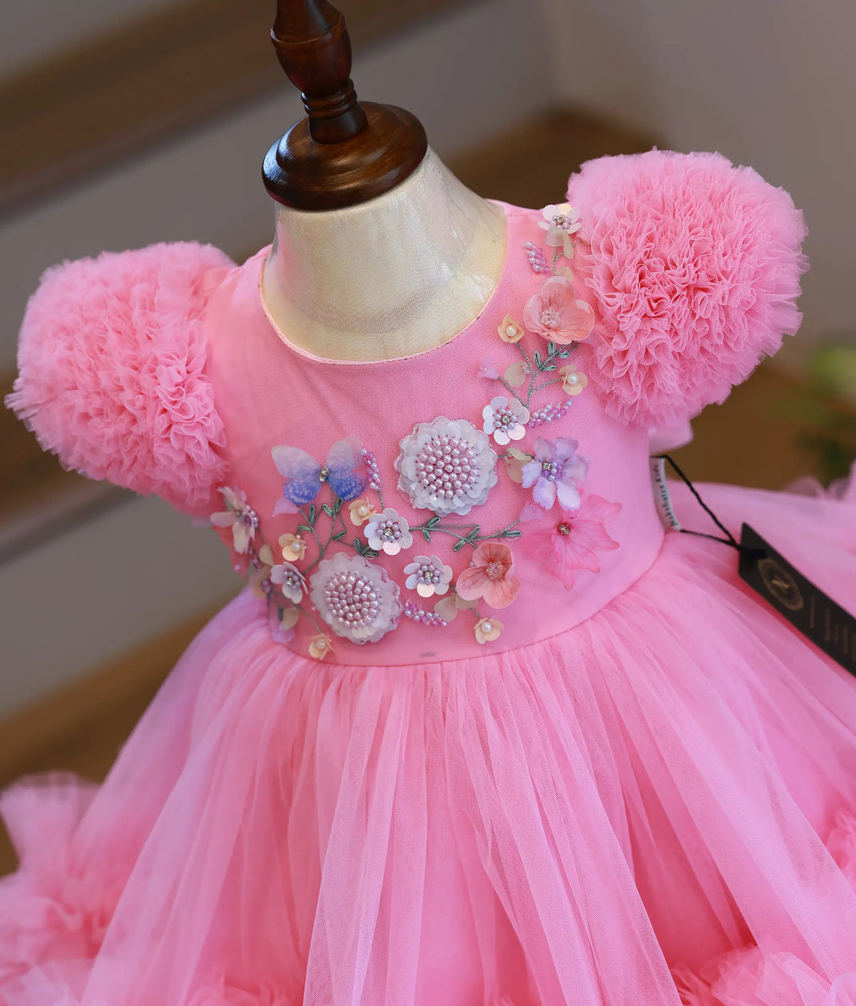 Pink Tulle Net Handworked Birthday Frock for Baby Girl [6489]