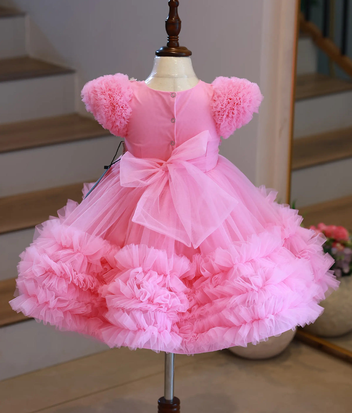 Pink Tulle Net Handworked Birthday Frock for Baby Girl [6489]