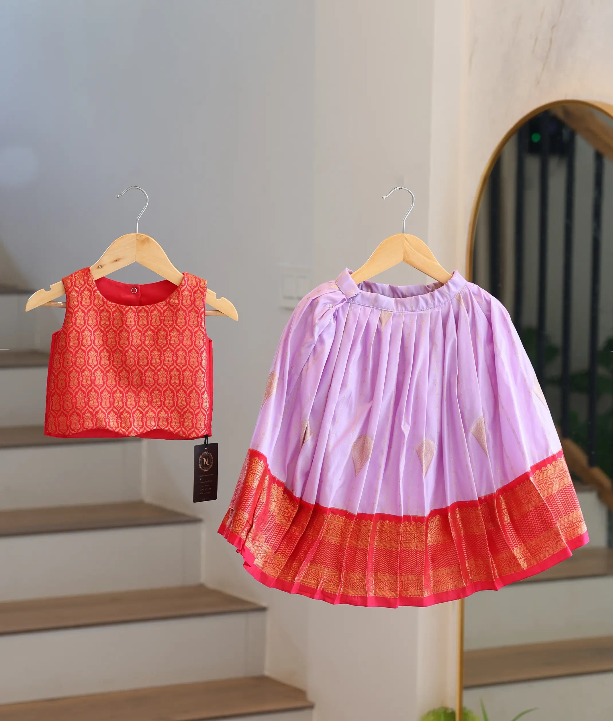 Red And Lilac Kanchipuram Silk Skirt and Top for Baby Girl [6490]