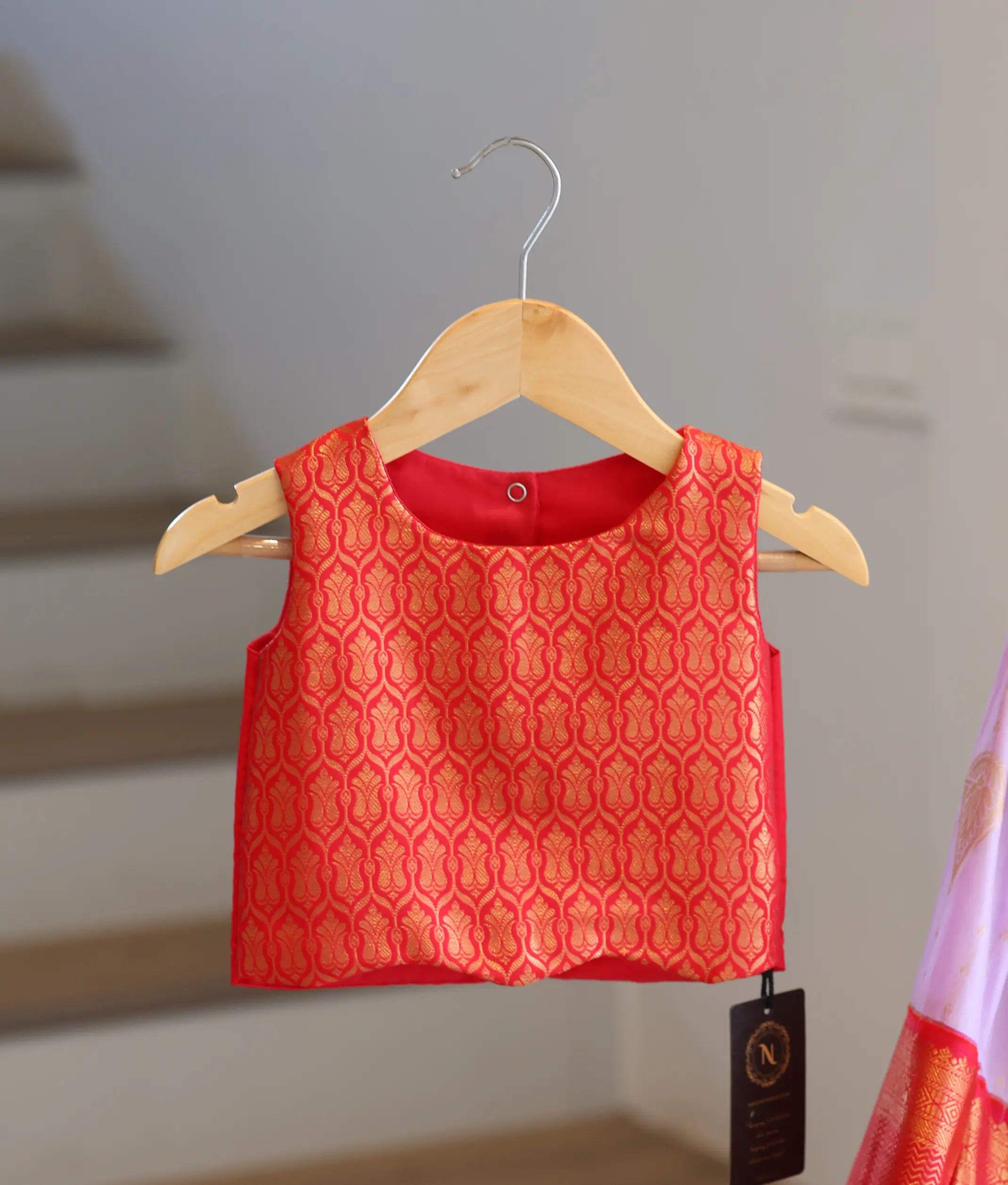 Red And Lilac Kanchipuram Silk Skirt and Top for Baby Girl [6490]