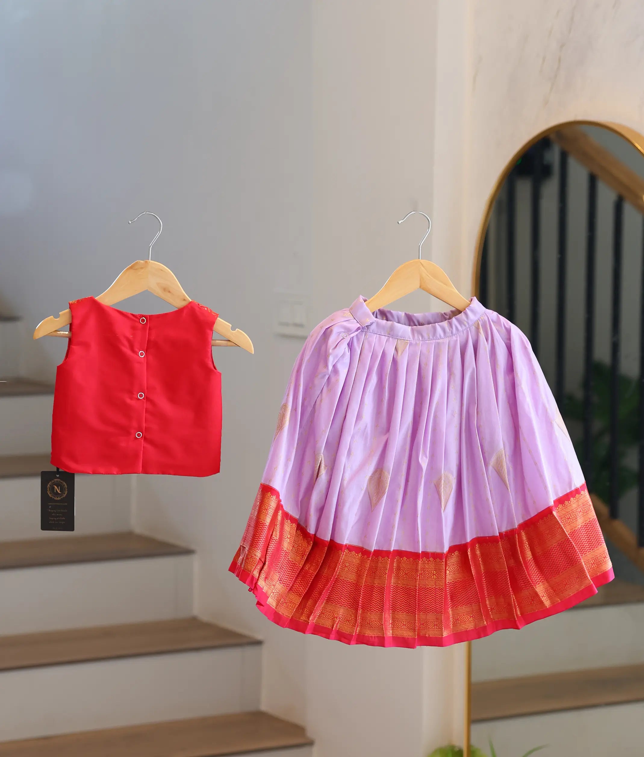 Red And Lilac Kanchipuram Silk Skirt and Top for Baby Girl [6490]