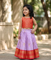 Red And Lilac Kanchipuram Silk Skirt and Top for Baby Girl [6490]