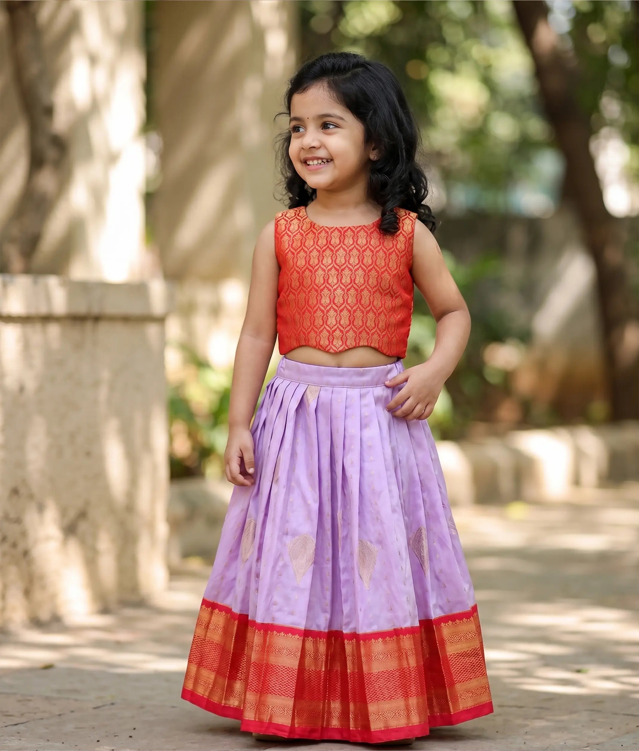 Red And Lilac Kanchipuram Silk Skirt and Top for Baby Girl [6490]