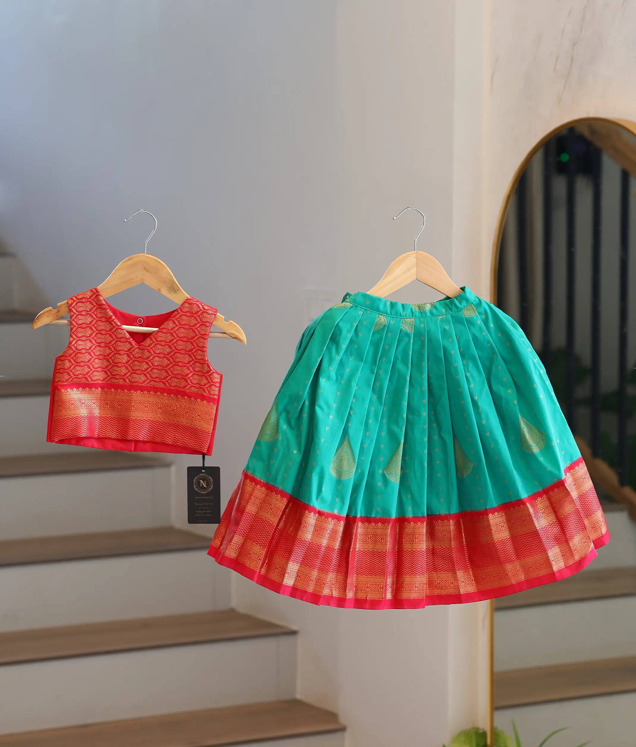 Red and Sea Green Kanchipuram Silk Skirt and Top for Baby Girl [6491]