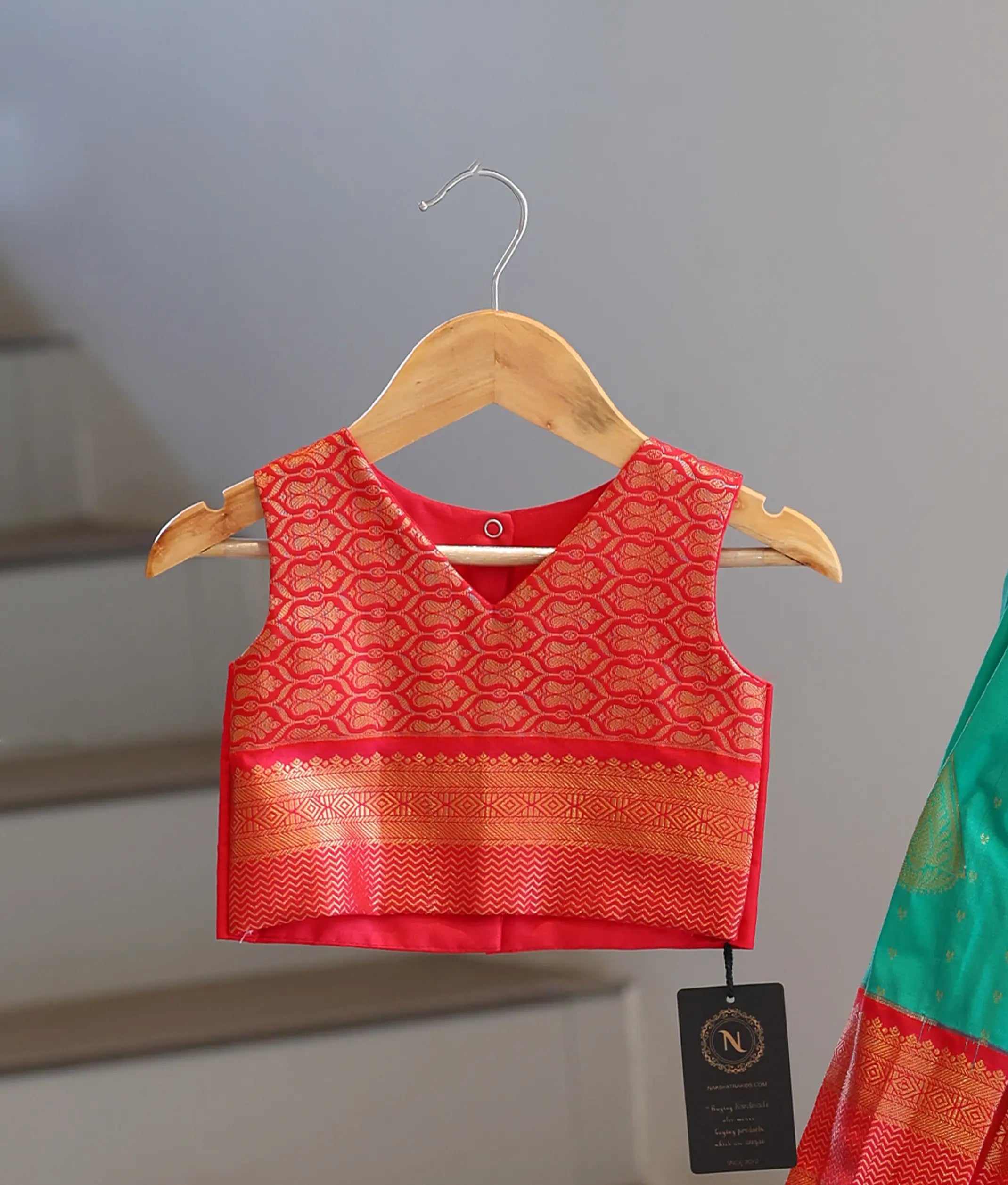 Red and Sea Green Kanchipuram Silk Skirt and Top for Baby Girl [6491]