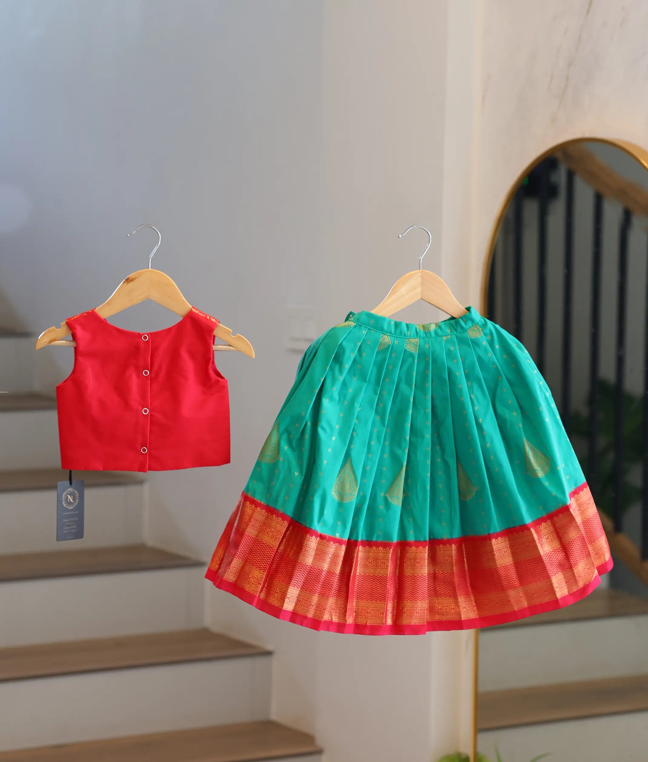 Red and Sea Green Kanchipuram Silk Skirt and Top for Baby Girl [6491]