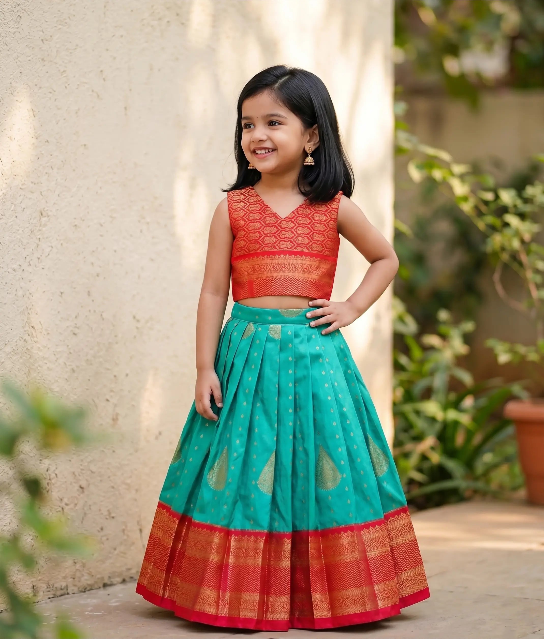Red and Sea Green Kanchipuram Silk Skirt and Top for Baby Girl [6491]