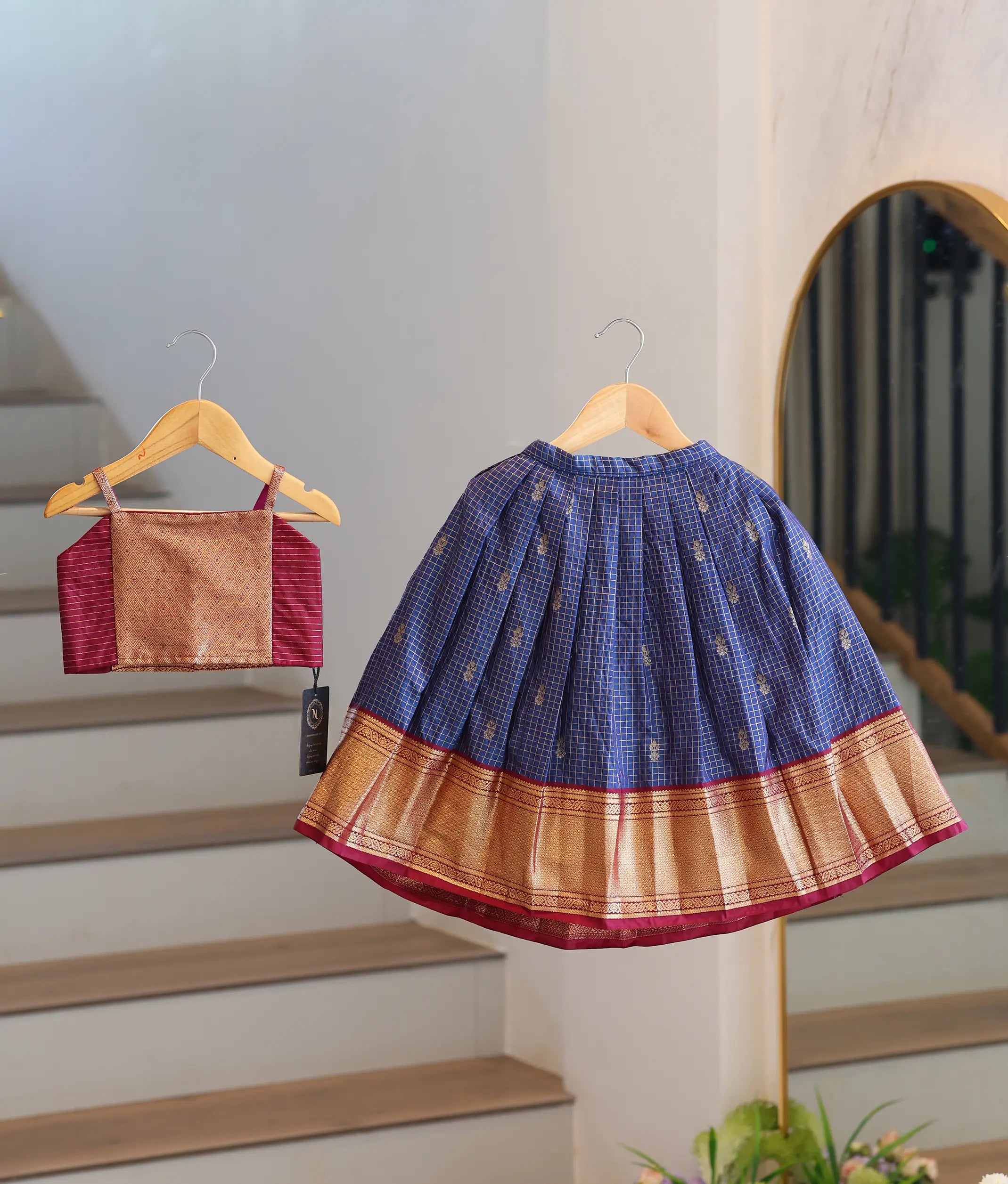 Royal Blue and Maroon Kanchipuram Silk Skirt and Top for Baby Girl [6492]