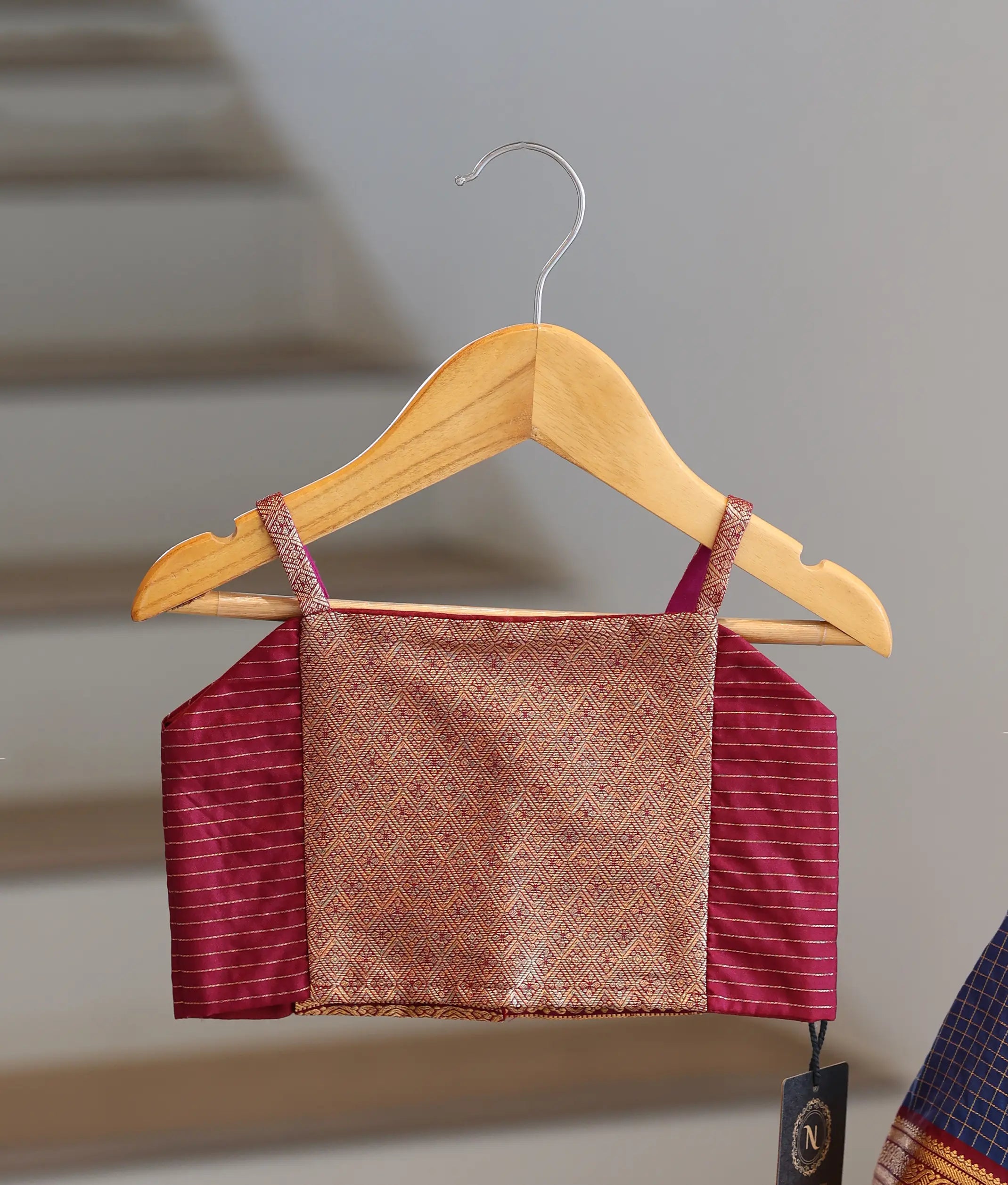 Royal Blue and Maroon Kanchipuram Silk Skirt and Top for Baby Girl [6492]