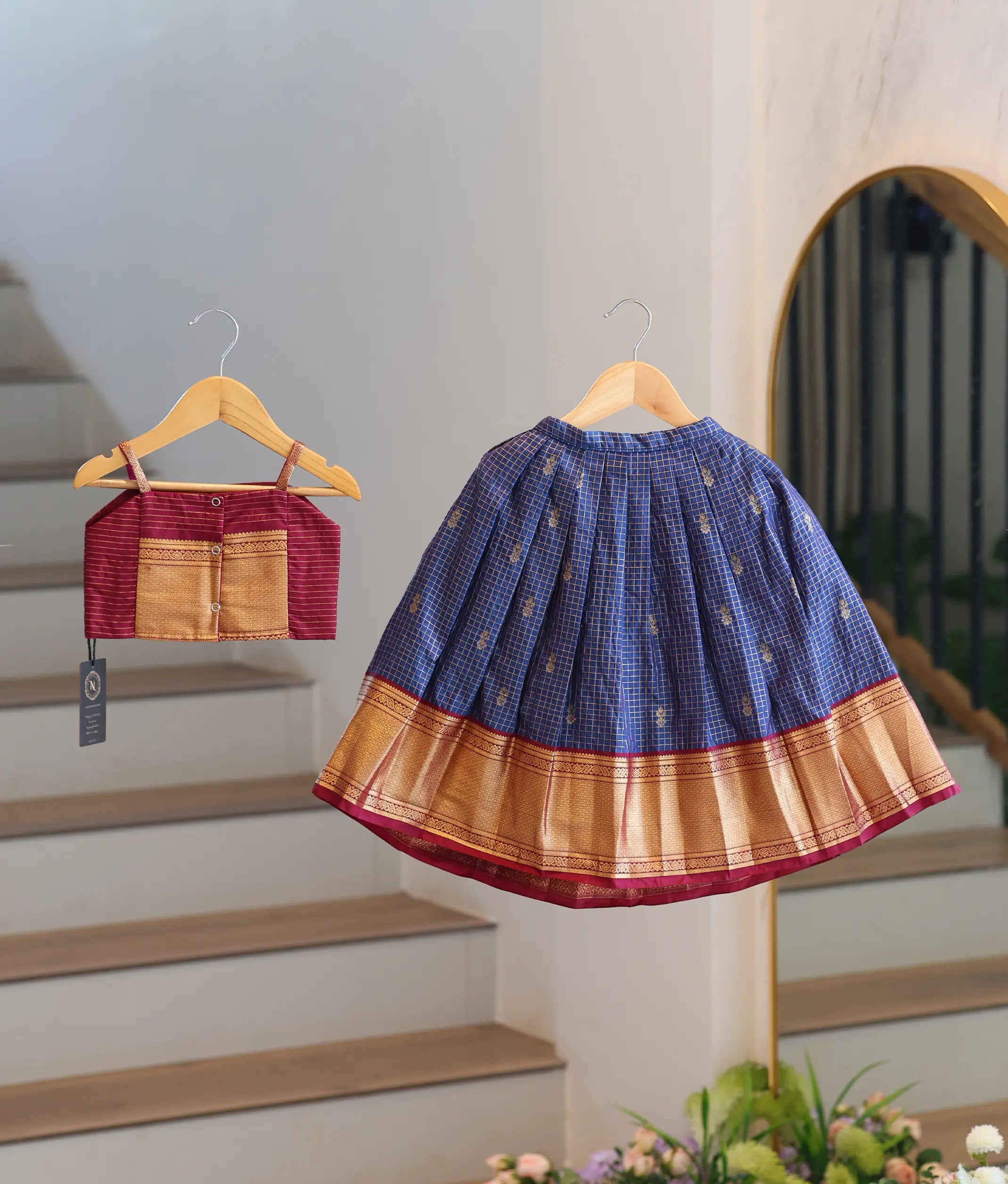 Royal Blue and Maroon Kanchipuram Silk Skirt and Top for Baby Girl [6492]