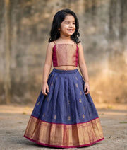Royal Blue and Maroon Kanchipuram Silk Skirt and Top for Baby Girl [6492]