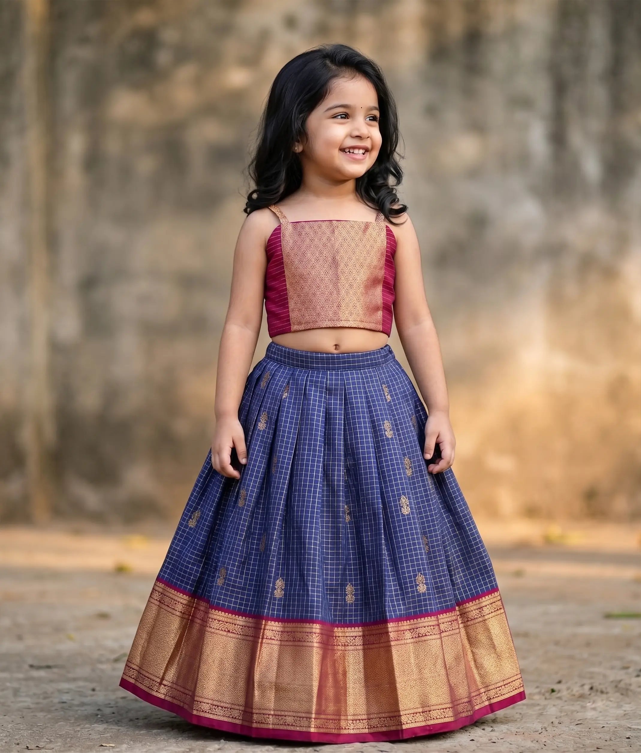 Royal Blue and Maroon Kanchipuram Silk Skirt and Top for Baby Girl [6492]