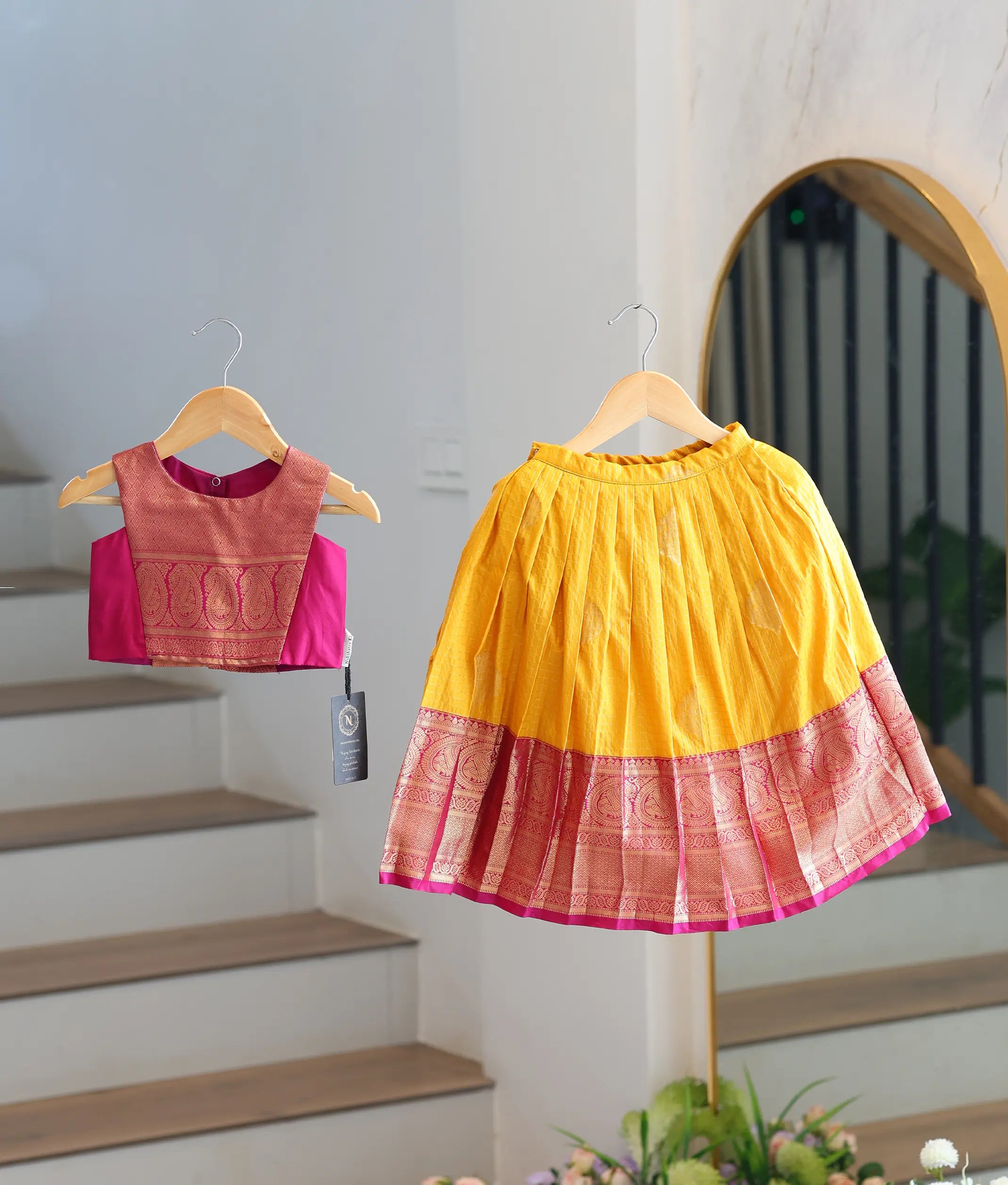 Magenta and Golden Yellow Kanchipuram Silk Skirt and Top for Baby Girl [6493]