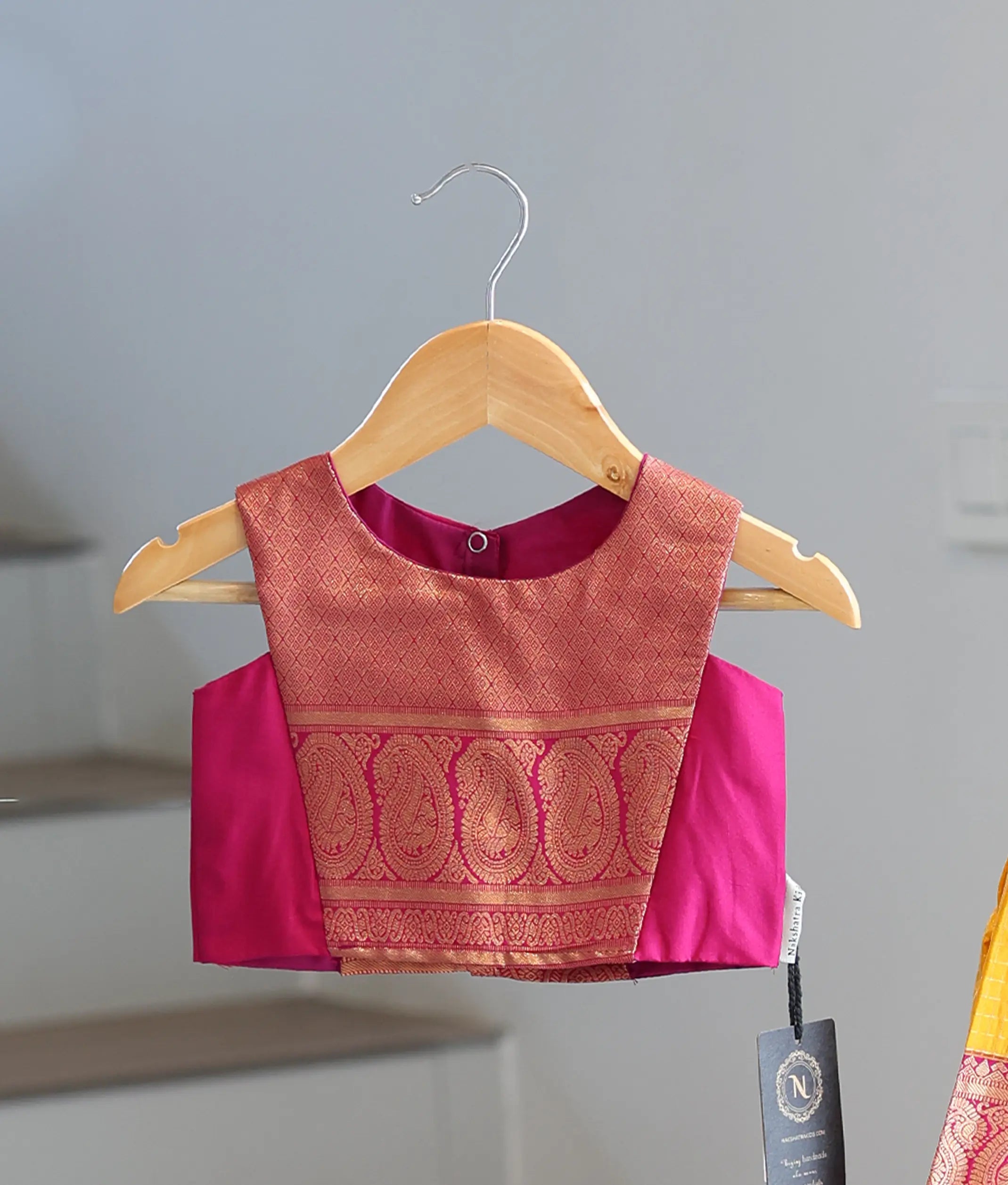 Magenta and Golden Yellow Kanchipuram Silk Skirt and Top for Baby Girl [6493]