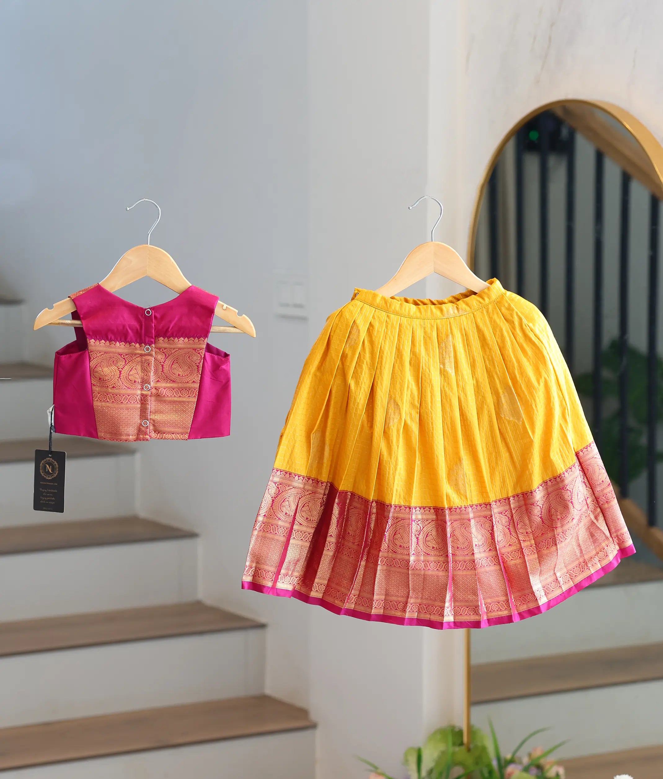 Magenta and Golden Yellow Kanchipuram Silk Skirt and Top for Baby Girl [6493]