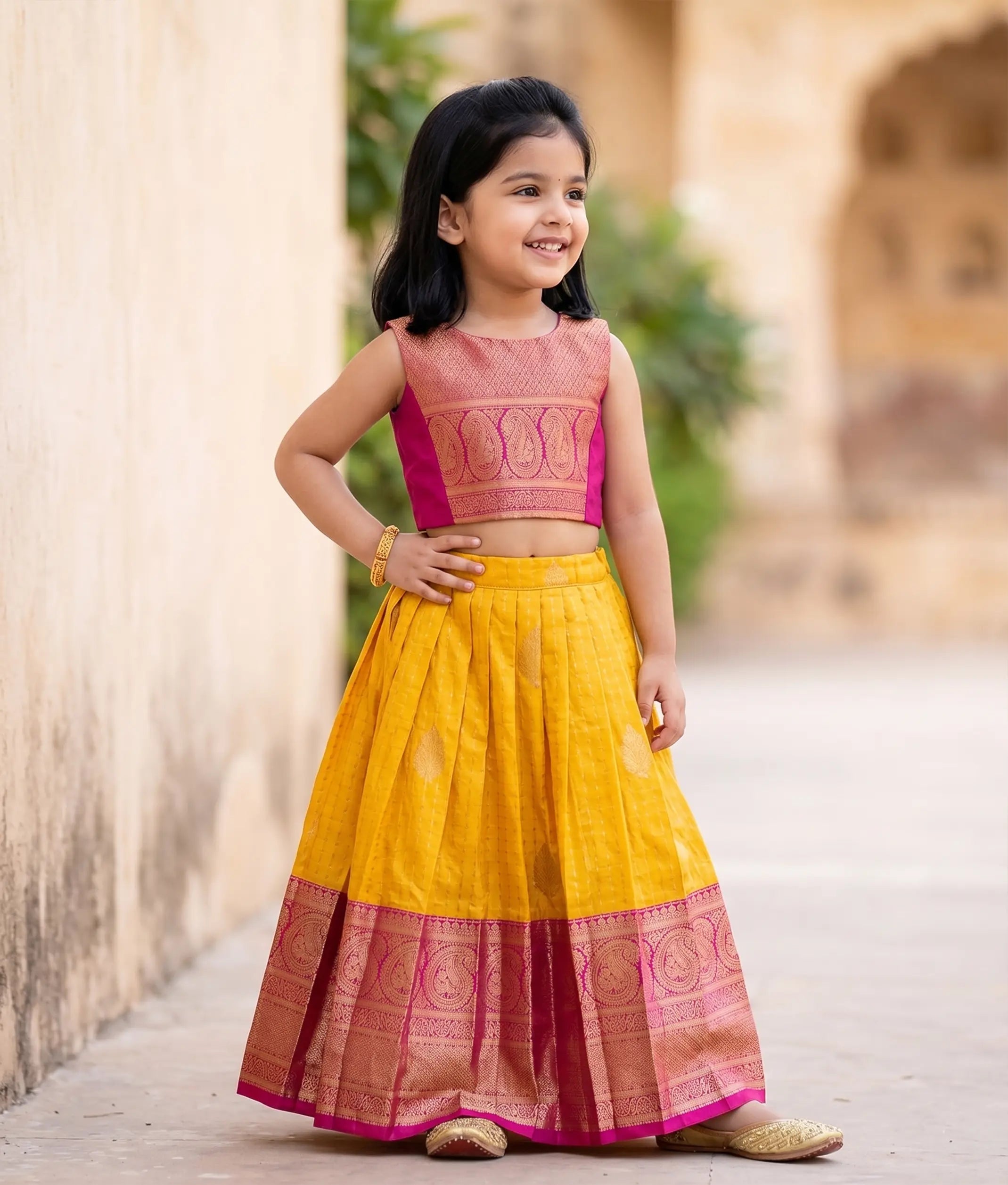 Magenta and Golden Yellow Kanchipuram Silk Skirt and Top for Baby Girl [6493]