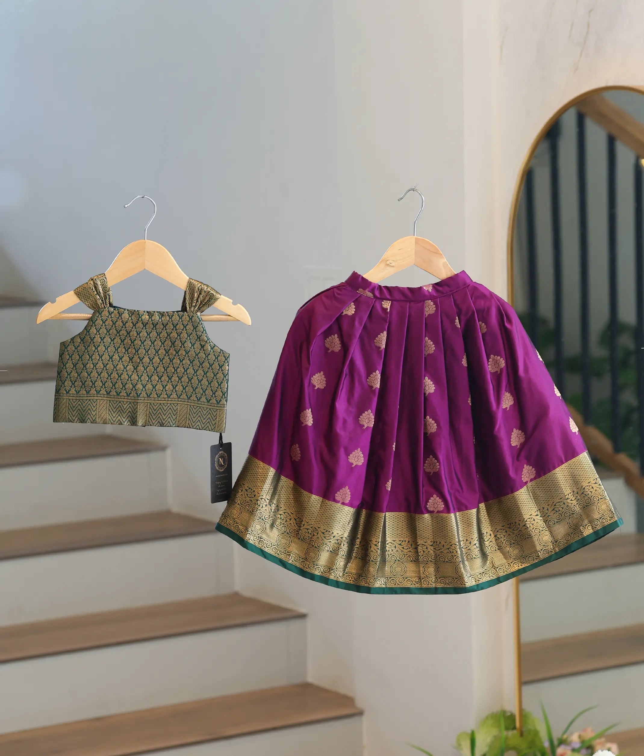 Green and Purple Kanchipuram Silk Skirt And Top for Baby Girl [6494]