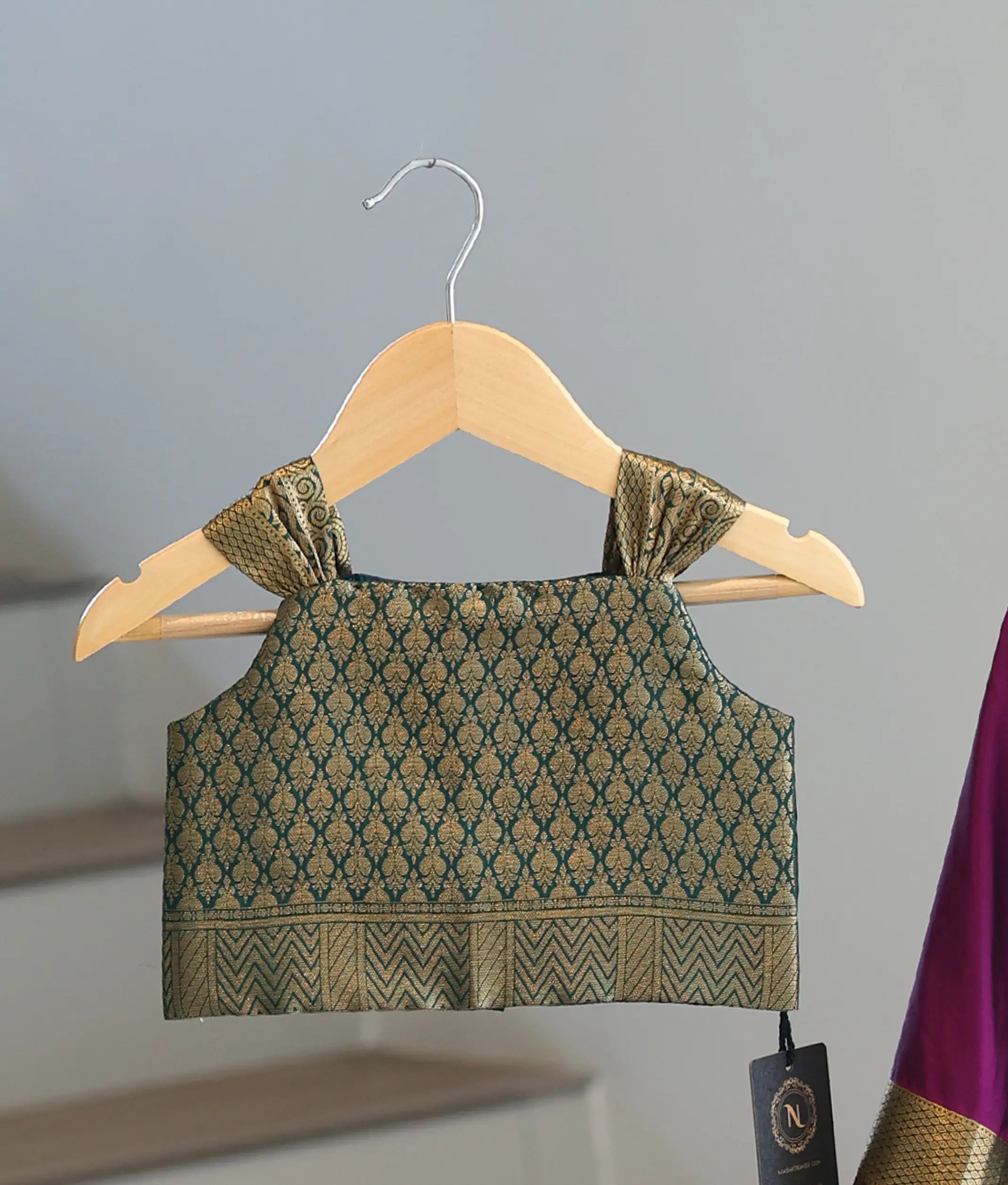 Green and Purple Kanchipuram Silk Skirt And Top for Baby Girl [6494]