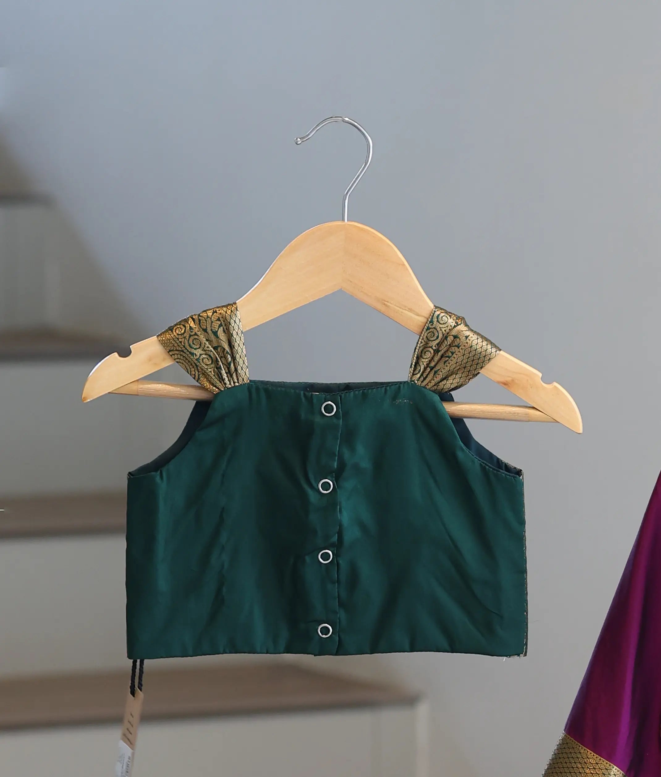 Green and Purple Kanchipuram Silk Skirt And Top for Baby Girl [6494]