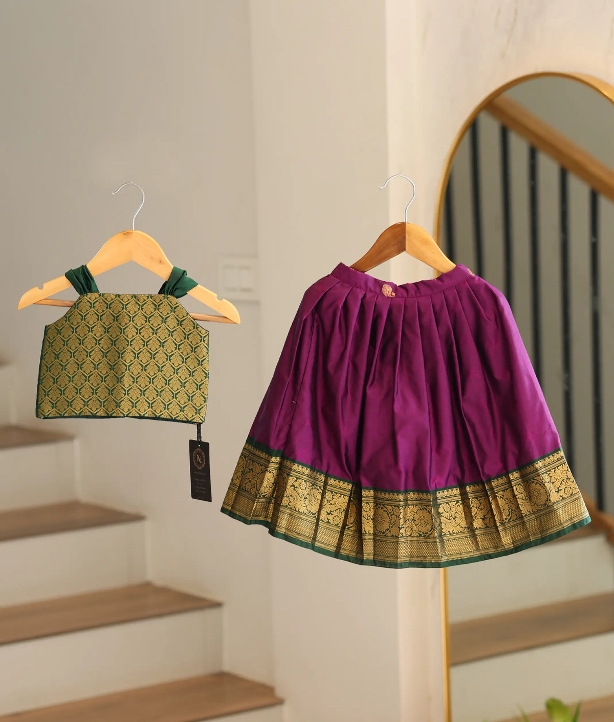 Green and Purple Kanchipuram Silk Skirt And Top for Baby Girl [6494A]