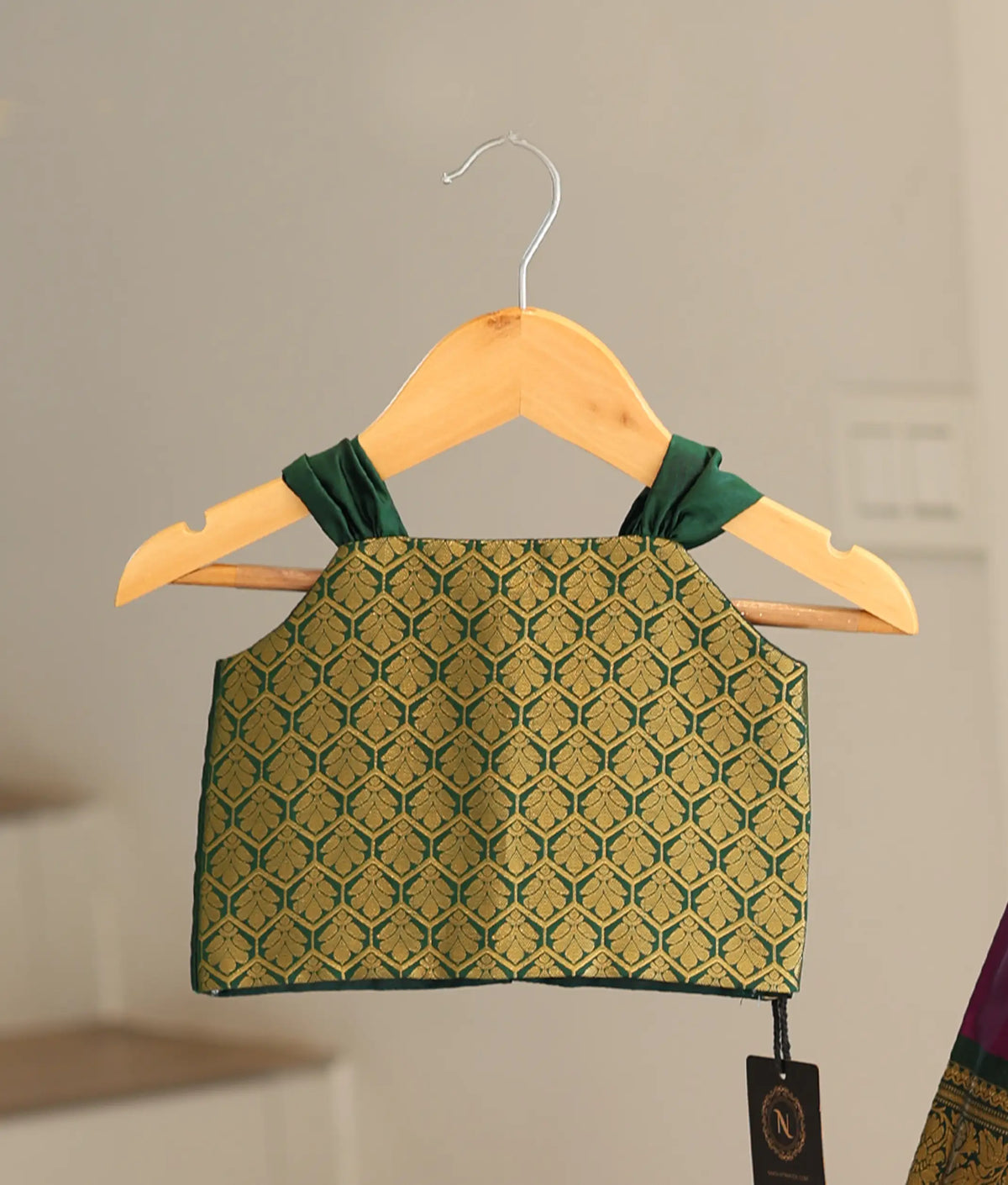 Green and Purple Kanchipuram Silk Skirt And Top for Baby Girl [6494A]