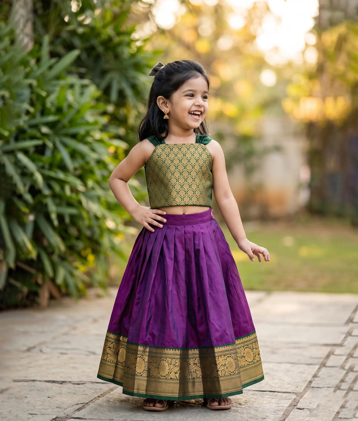 Green and Purple Kanchipuram Silk Skirt And Top for Baby Girl [6494A]