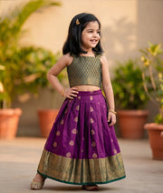 Green and Purple Kanchipuram Silk Skirt And Top for Baby Girl [6494]