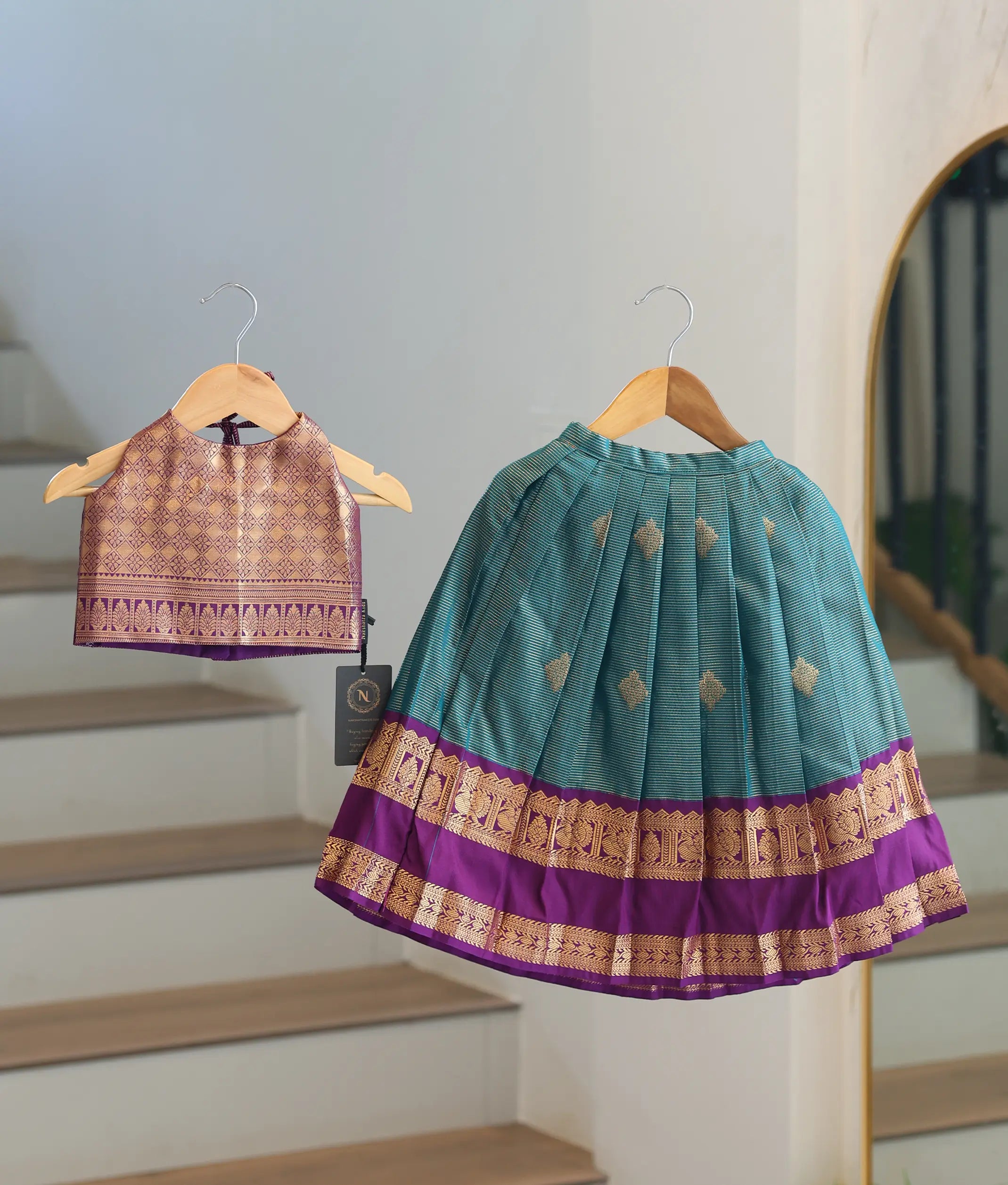 Royal Purple and Teal Green Kanchipuram Silk Skirt and Top for Baby Girl [6495]