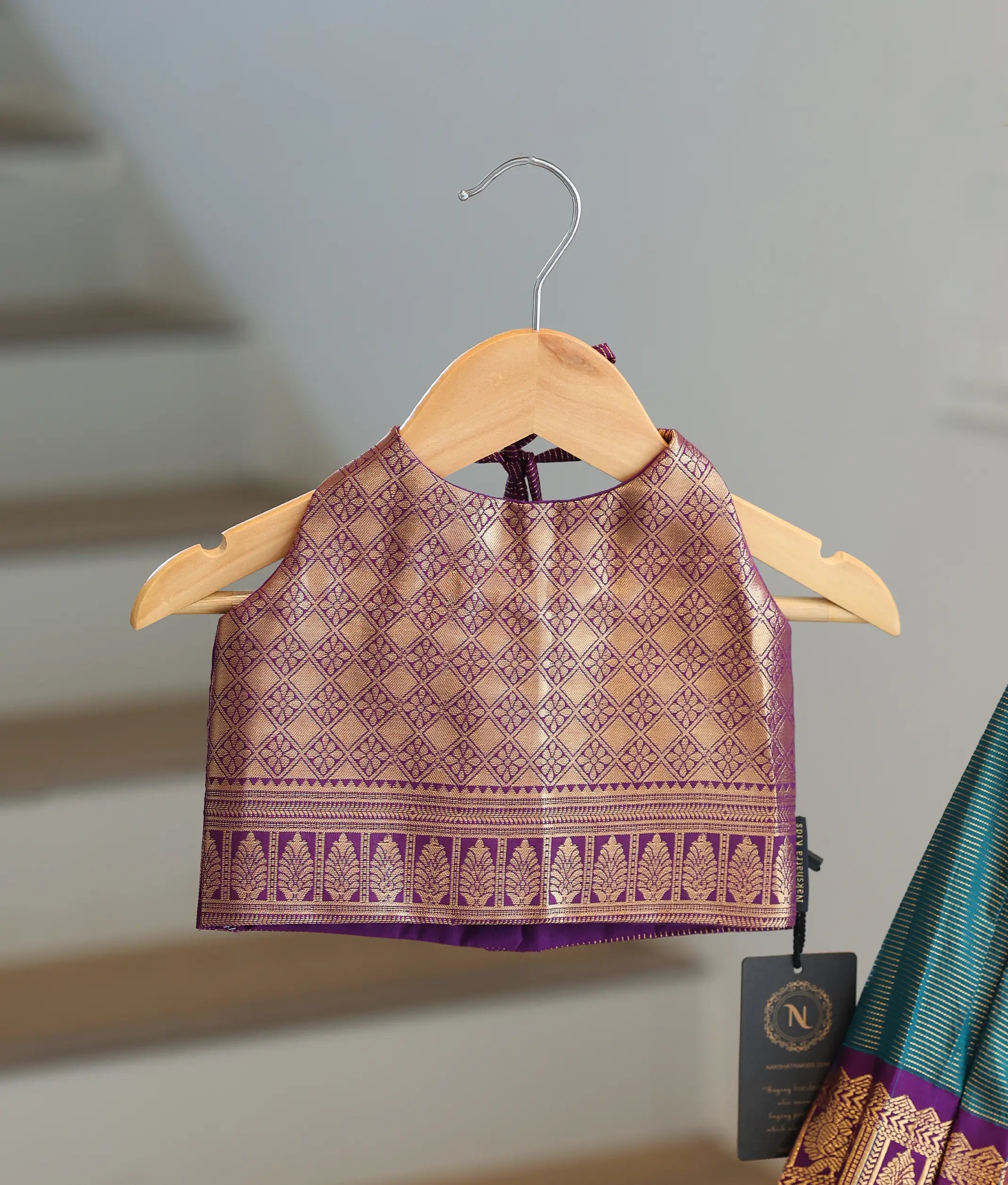 Royal Purple and Teal Green Kanchipuram Silk Skirt and Top for Baby Girl [6495]