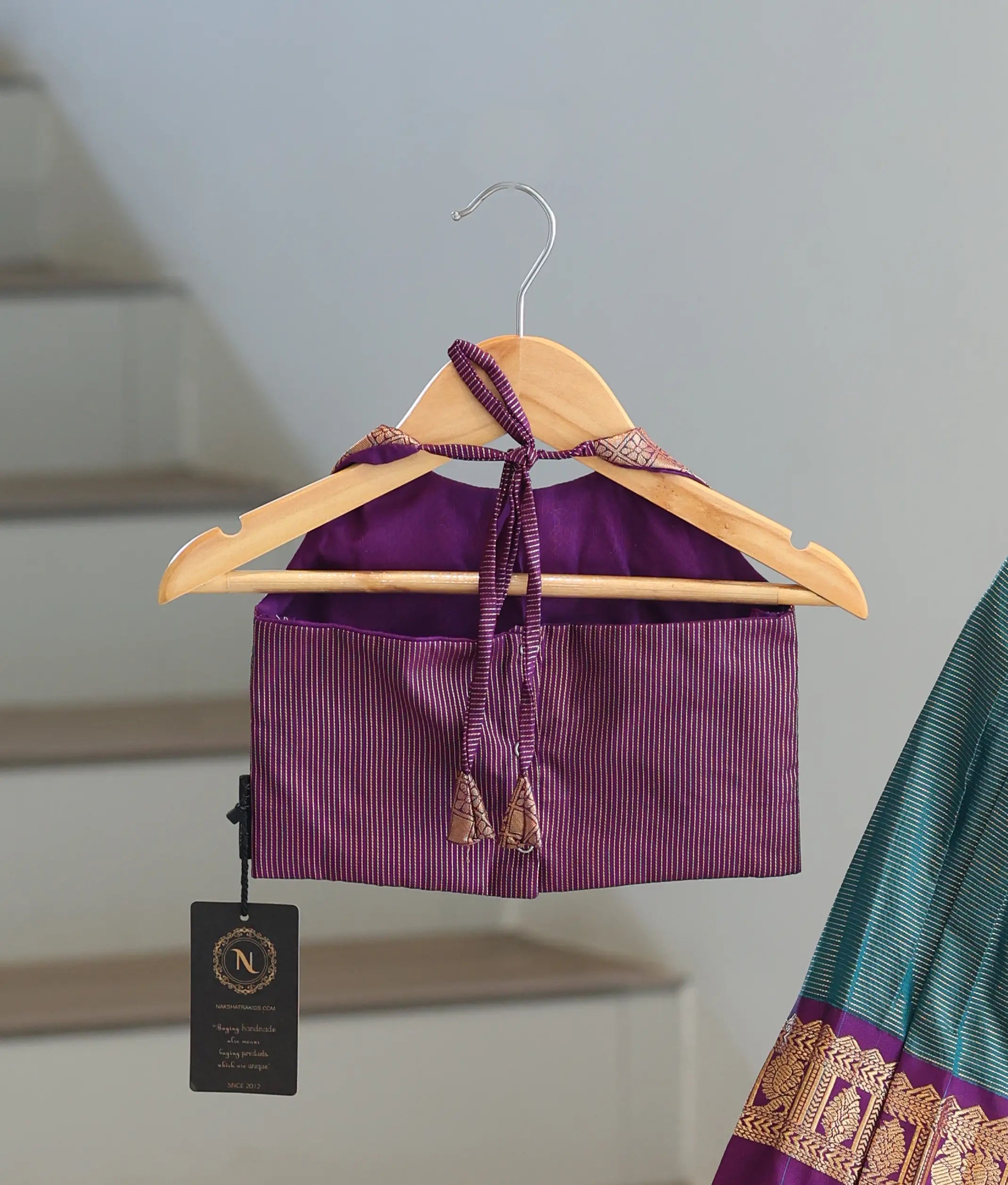 Royal Purple and Teal Green Kanchipuram Silk Skirt and Top for Baby Girl [6495]