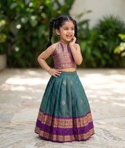 Royal Purple and Teal Green Kanchipuram Silk Skirt and Top for Baby Girl [6495]