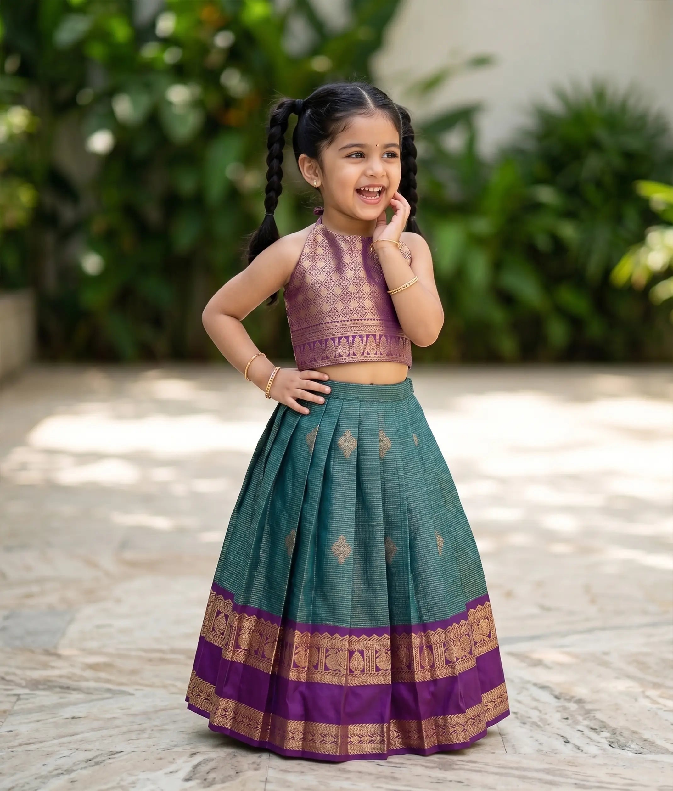 Royal Purple and Teal Green Kanchipuram Silk Skirt and Top for Baby Girl [6495]