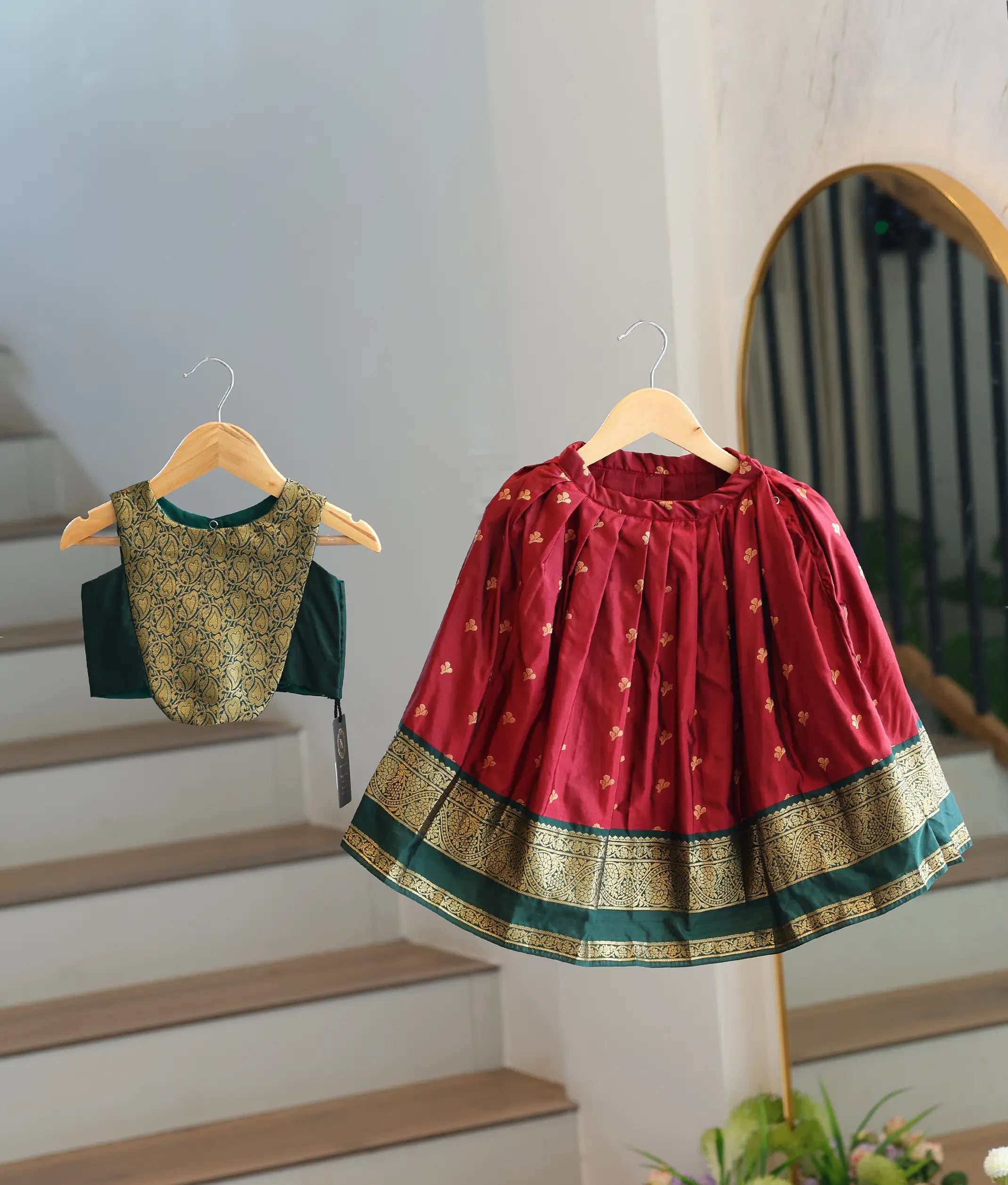 Maroon and Bottle Green Kanchipuram Silk Skirt And Top for Baby Girl [6496]
