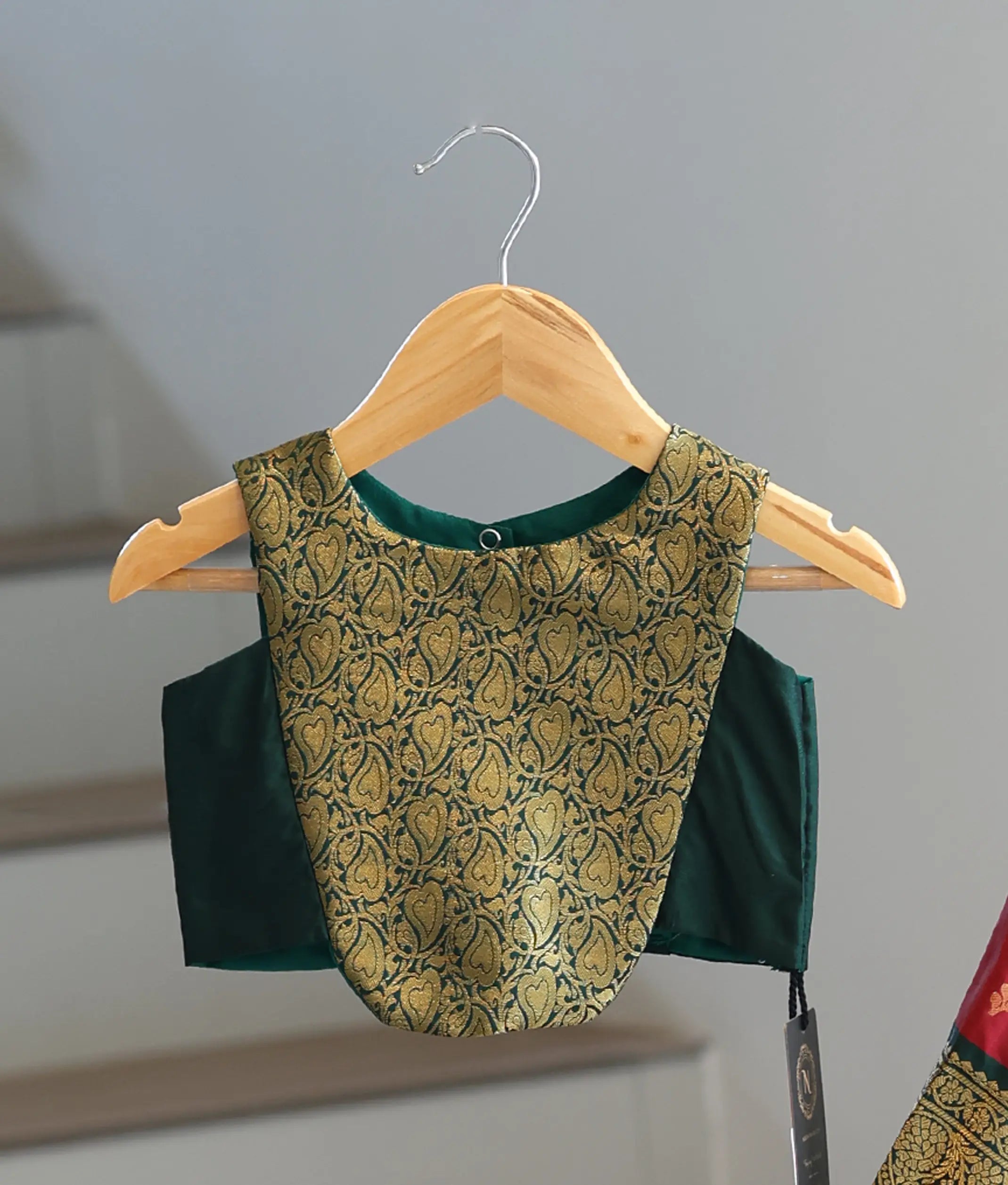 Maroon and Bottle Green Kanchipuram Silk Skirt And Top for Baby Girl [6496]