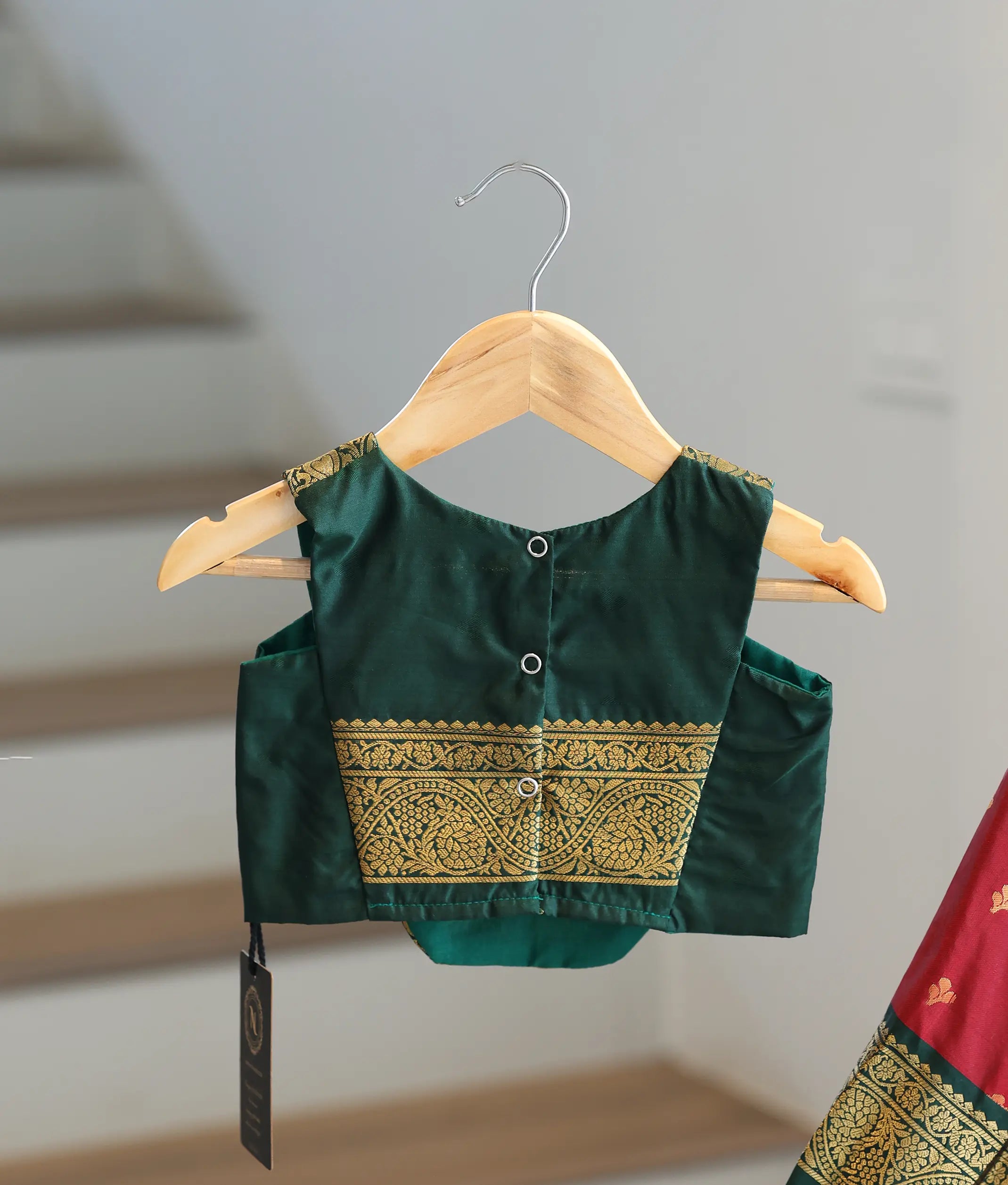 Maroon and Bottle Green Kanchipuram Silk Skirt And Top for Baby Girl [6496]