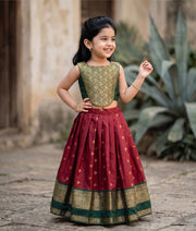 Maroon and Bottle Green Kanchipuram Silk Skirt And Top for Baby Girl [6496]