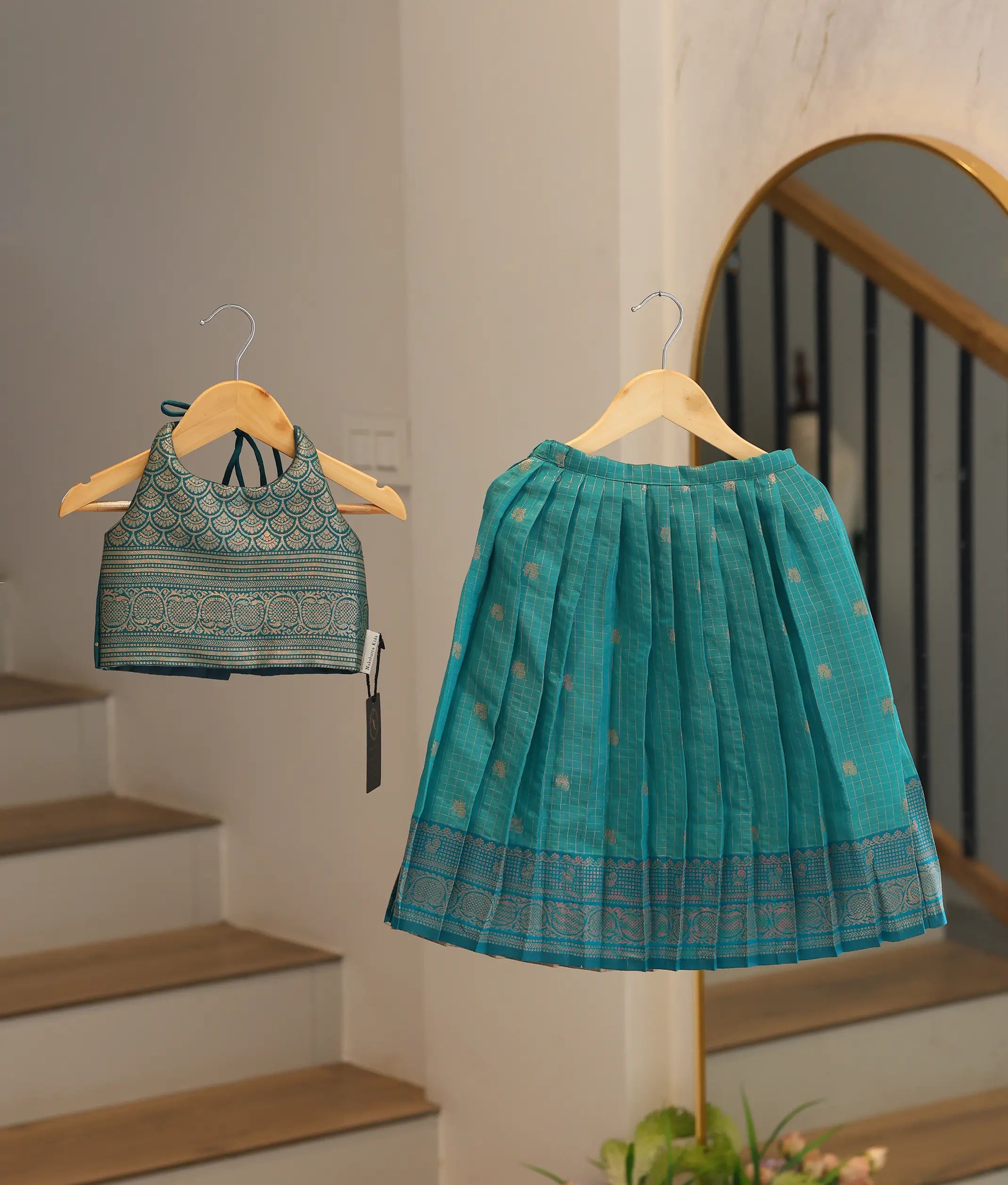 Teal Green Kanchipuram Silk Skirt and Top for Baby Girl [6498]