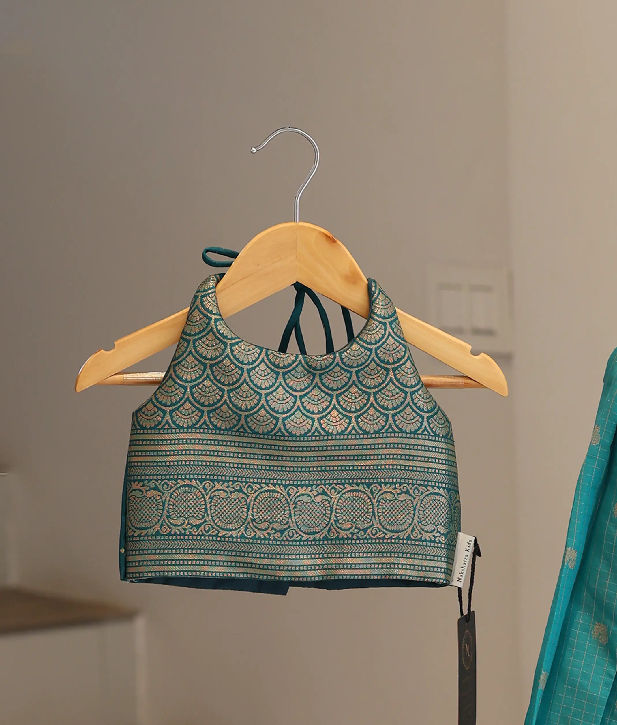 Teal Green Kanchipuram Silk Skirt and Top for Baby Girl [6498]